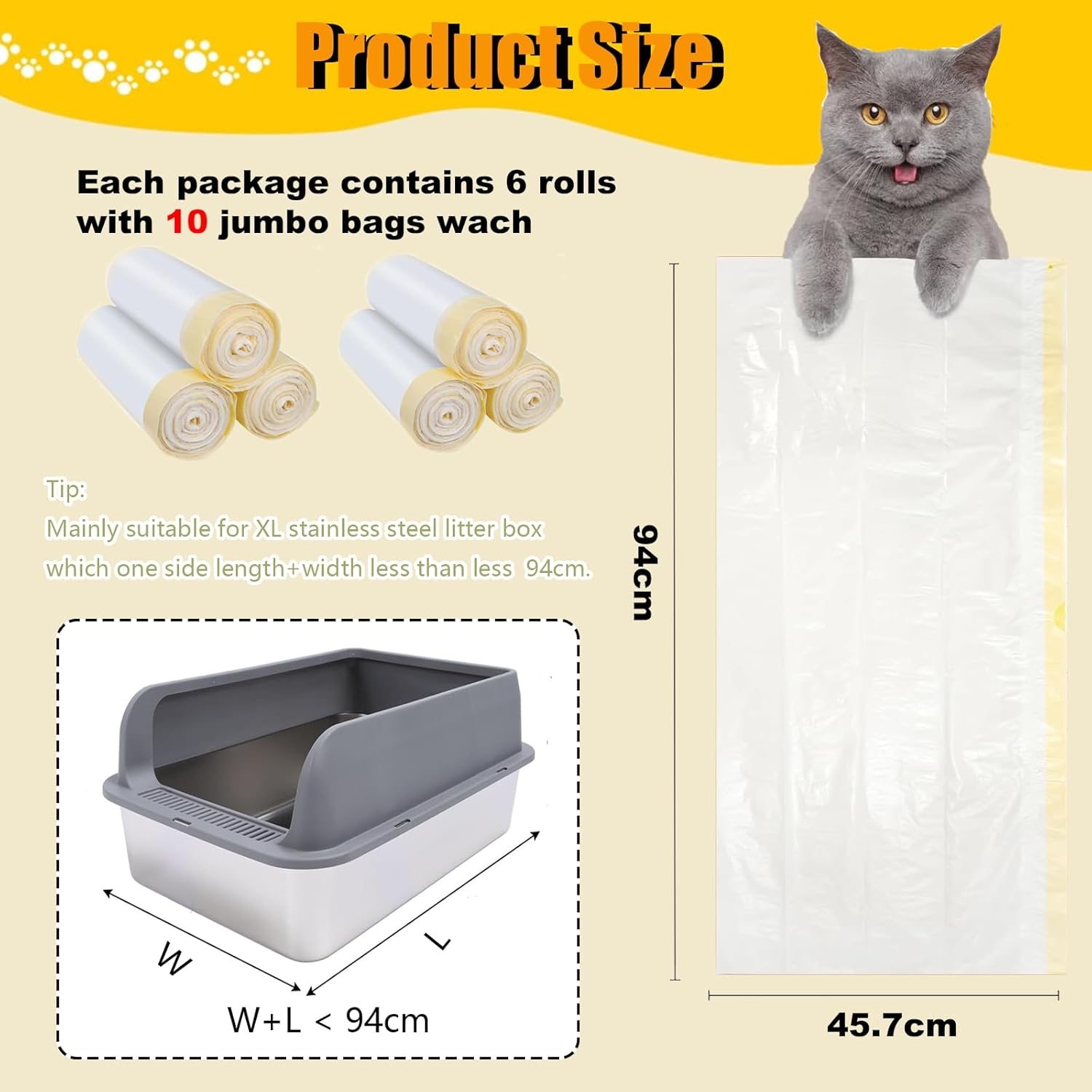 60 Count Extra Thick Jumbo Drawstring Cat Litter Box Liners 94 * 45.7Cm, Large Cat Litter Bags for Stainless Steel Sifting Litter Box and Automatic Cat Litter Box, Extra Thick Drawstring Litter Liner image number 6