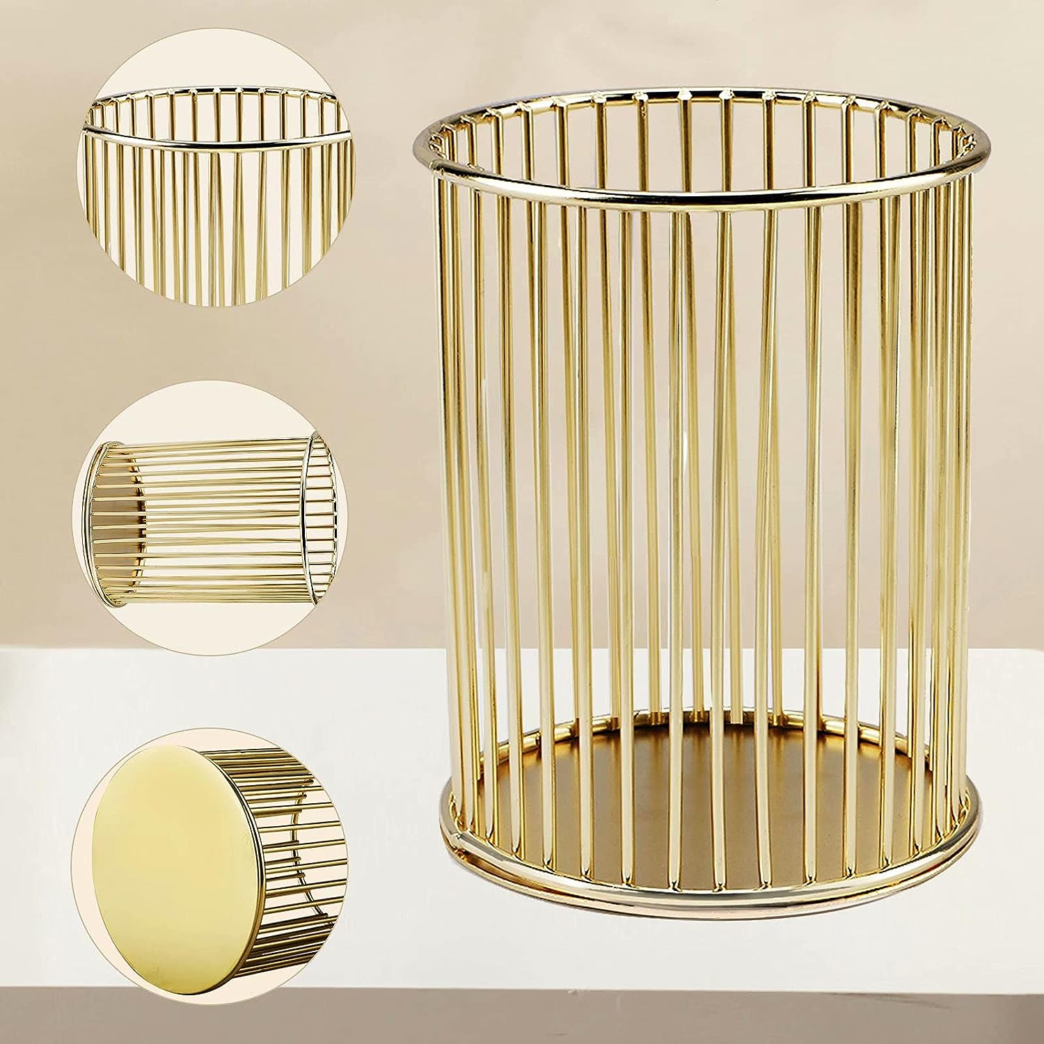 Pen Pencil Holder, Metal Wire Pen Pencil Cup Holders for Desk Cute Organizer, Makeup Brushes Cup Holder Organizer, 1PC Golden, by Xienie image number 2