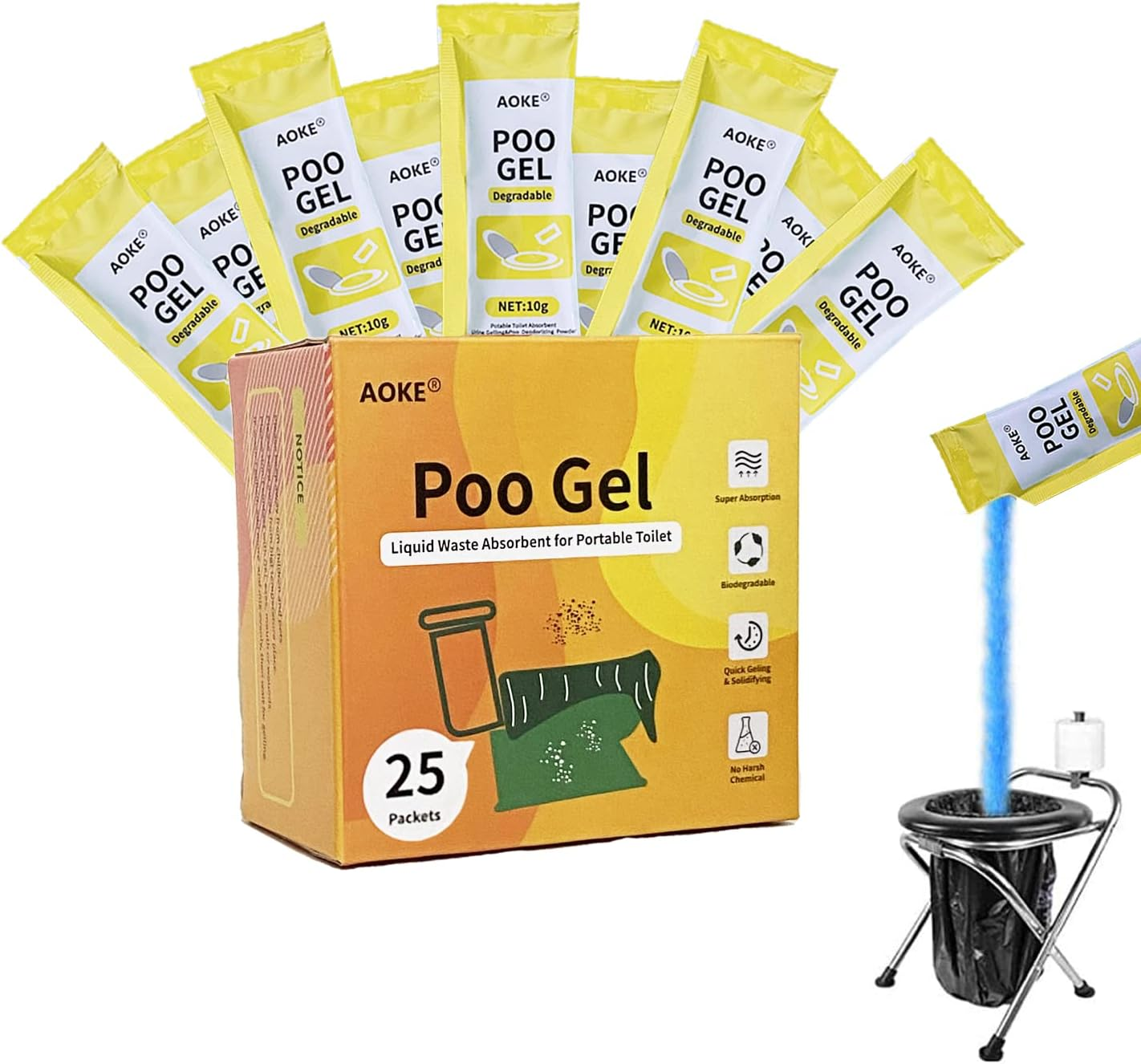 AOKE Portable Toilet Absorbent Gel Powder - Lemon 25 Pack Poo Deodorizing Treatment for Outdoor Camping and Hiking
