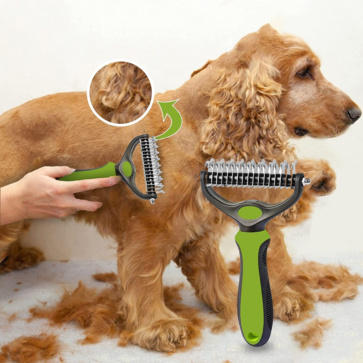 Dog Cat Grooming Brush, 2 Sided Pet Grooming Tool Undercoat Rake for Deshedding, Mats & Tangles Removing, Double Sided Shedding and Hair Removal Rake Comb for Dogs & Cats (Green) image number 2