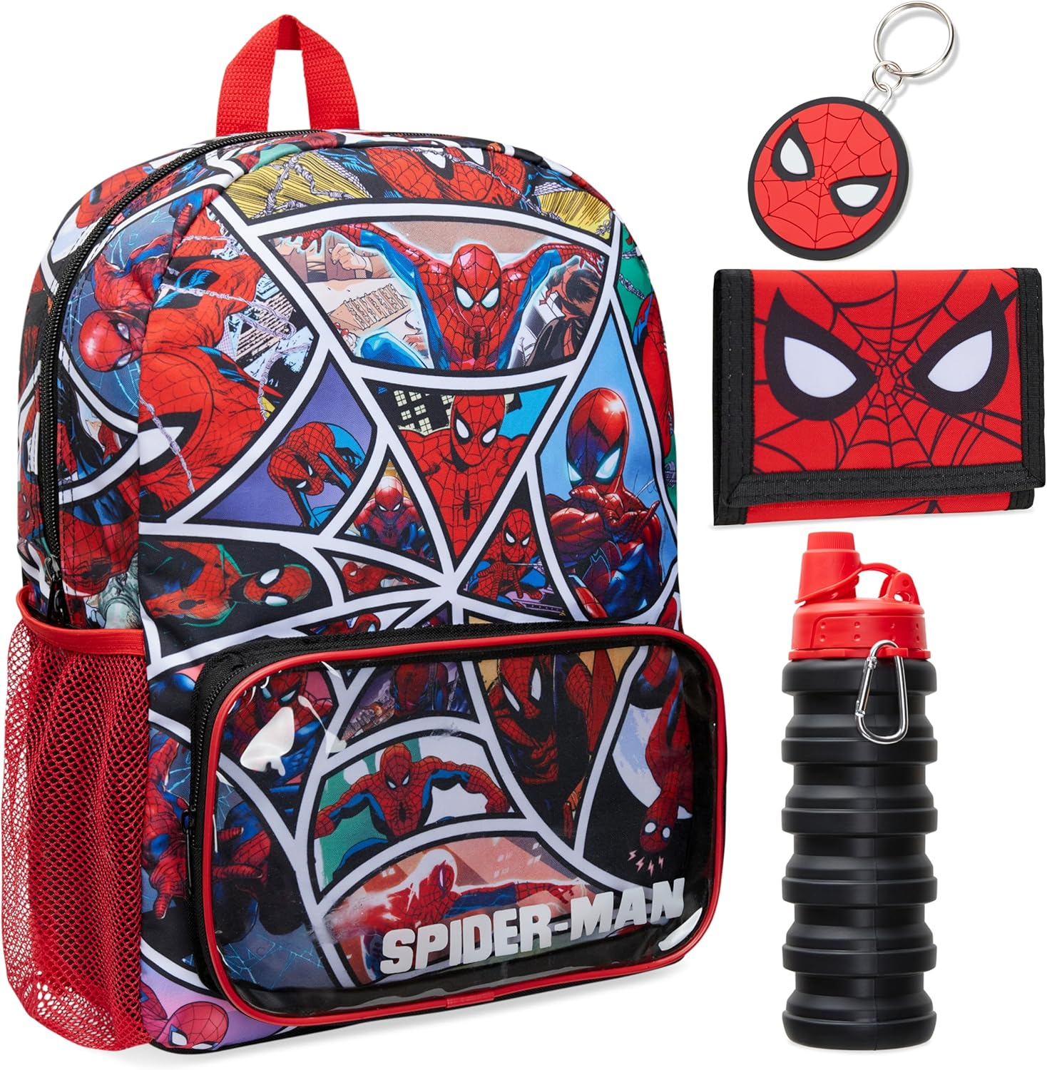 Marvel Spiderman Backpack Set 4 Pcs Water Bottle Pencil Case Lunch Bag or Wallet Keyring Travel School School Supplies, Blue, One Size, Spidey