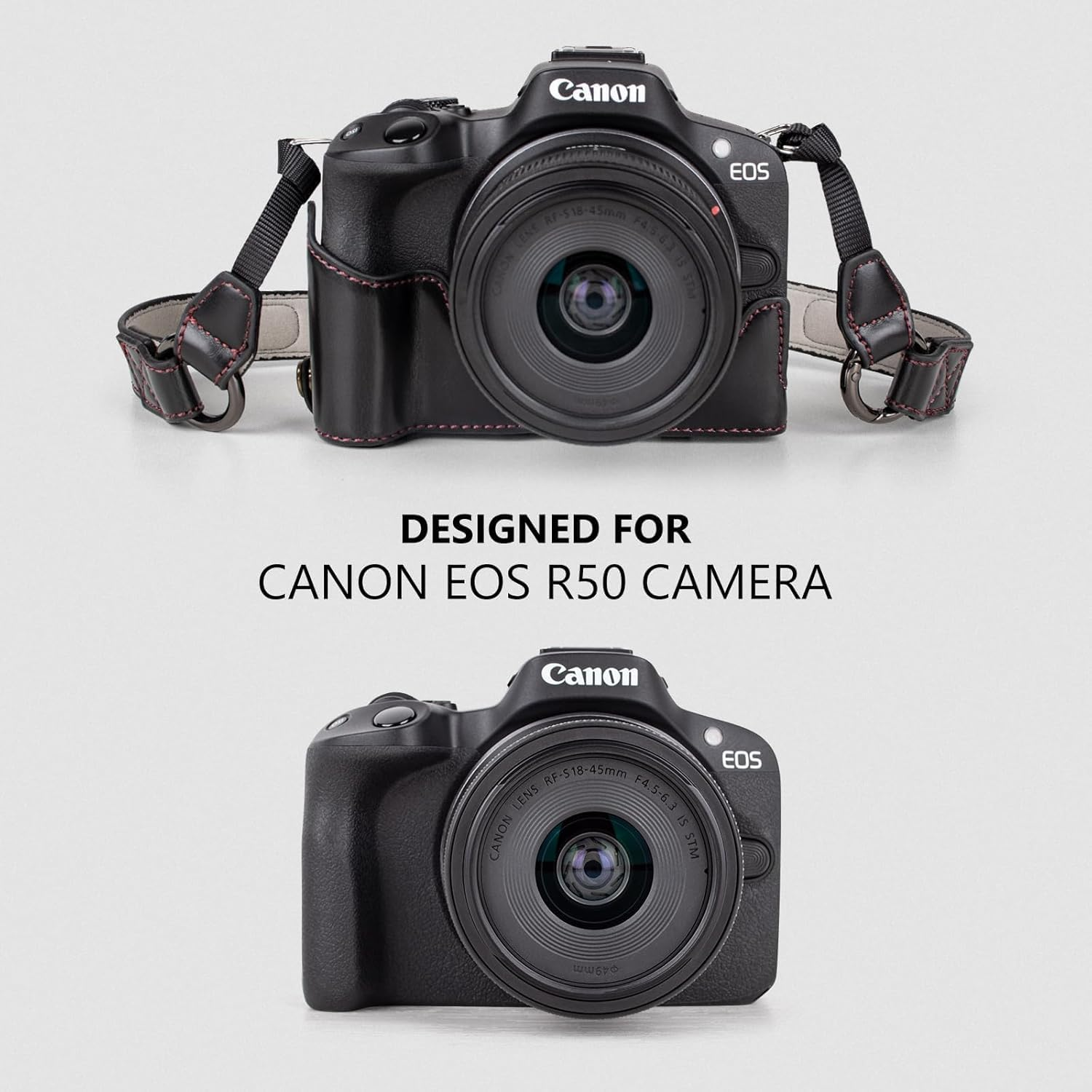 EOS R50 Case, Retro PU Leather Protective Case for  EOS R50 DSLR Camera - EOS R50 Camera Case Bag Cover with Bottom Opening & Shoulder Strap & Storage Pocket (Black) image number 2