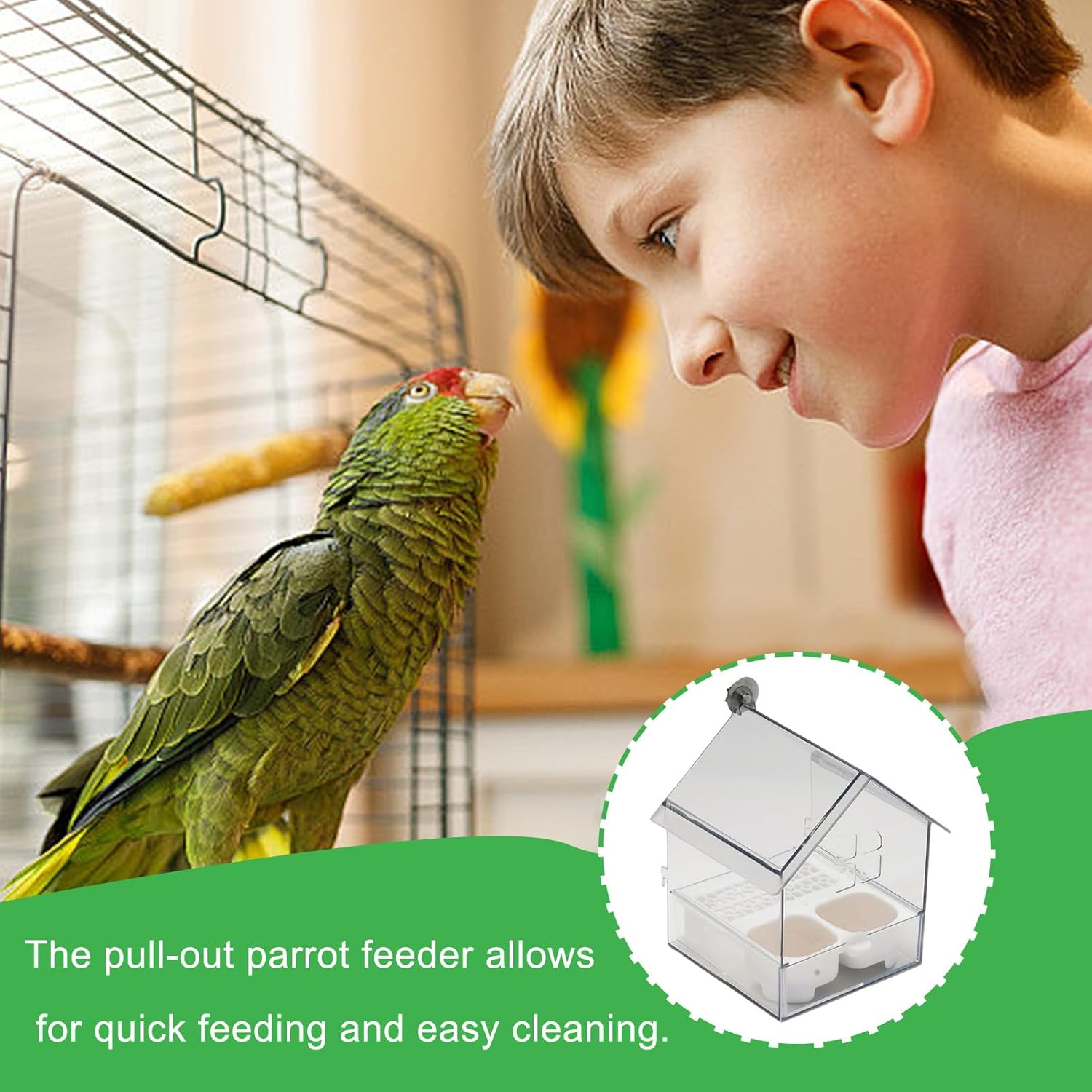 Pull-Out External Parrot Feeder, Hanging Bird Feeder for Cage, Transparent Bird Cage Water Feeders, Easy to Fill & Clean