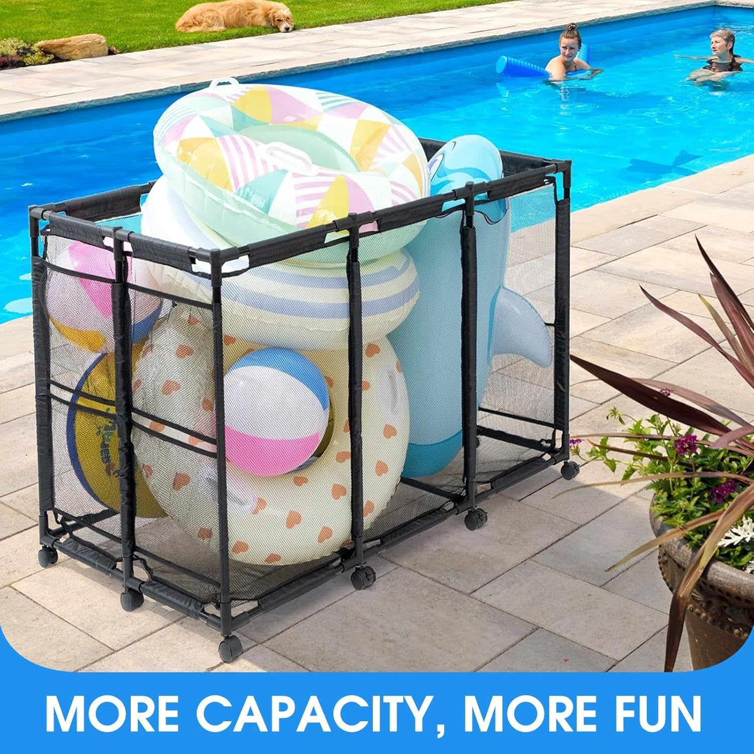 GENKI Pool Storage Bin Cart Poolside Toys Box Floats Noodles Container Organizer Outdoor Portable Rolling Wheels Mesh Basket Swimming Equipment Balls Holder image number 2