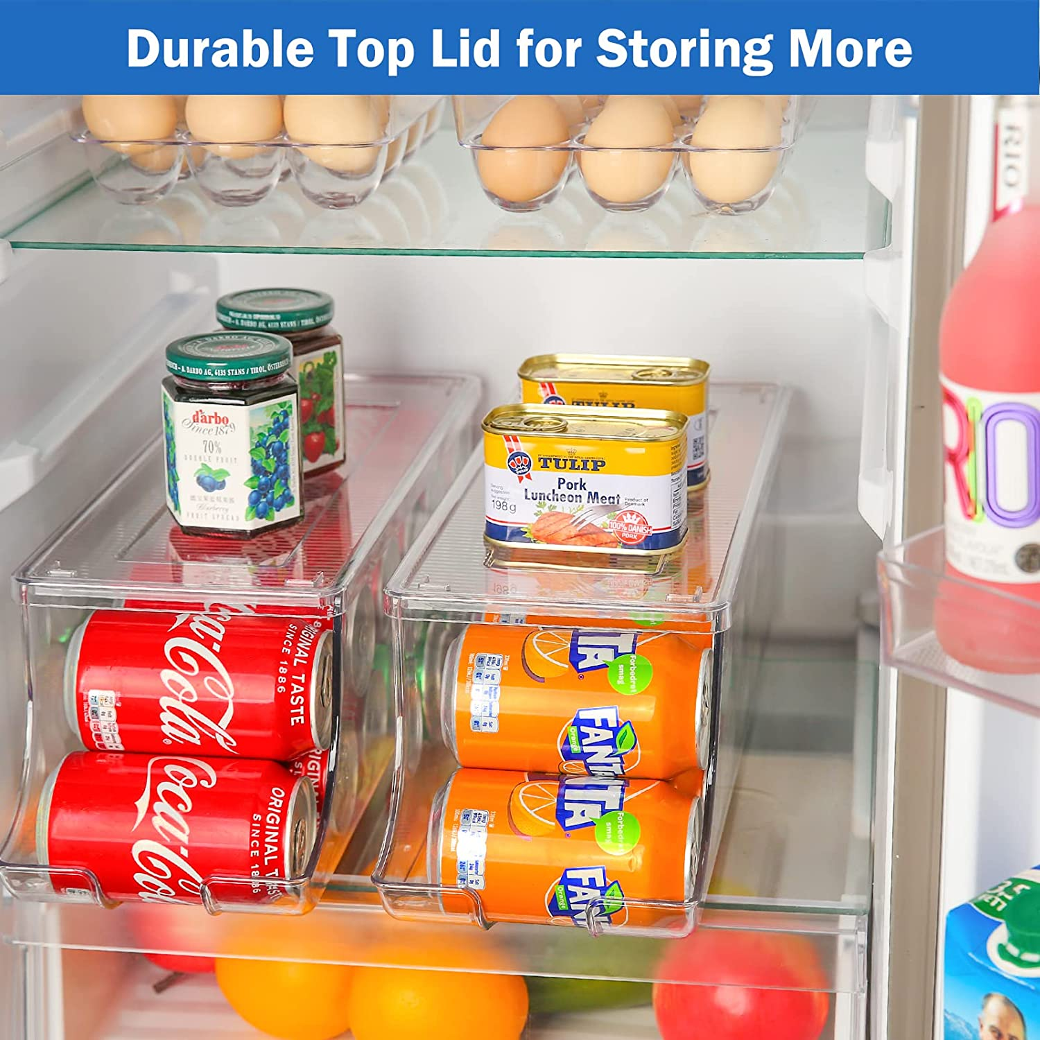Puricon 2 Pack Soda Can Organizer Dispenser for Refrigerator, Plastic Canned Food Pop Beverage Container Holder Storage Bin with Lid for Freezer Rack Pantry Cabinet Cupboard Kitchen -Standard