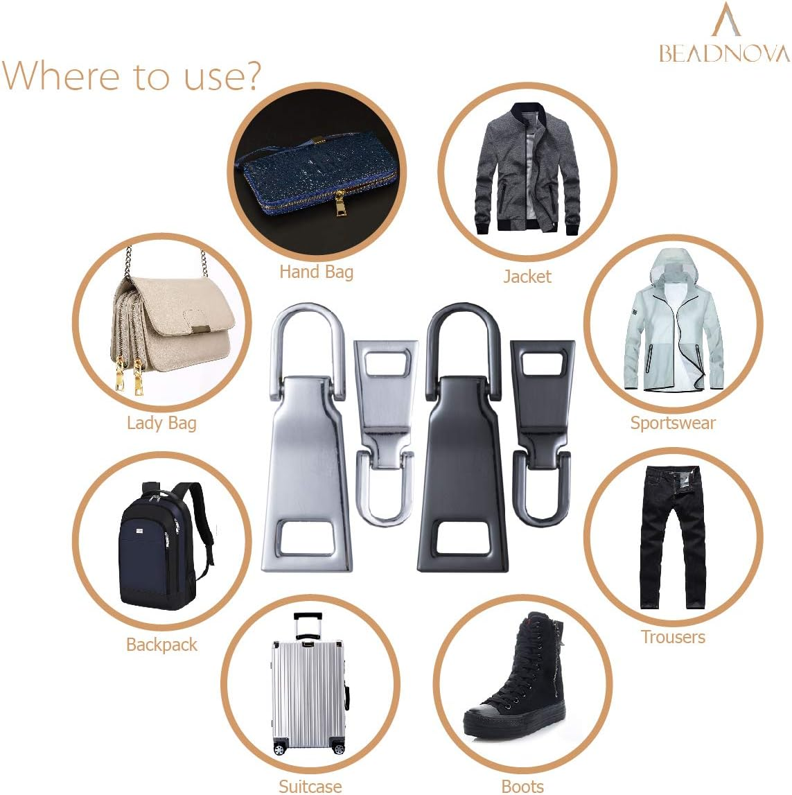 BEADNOVA Zipper Pull Replacement Metal Zipper Pull Repair Zipper Pull Tab for Luggage Suitcase Backpack Jacket Bags Coat Boots (Gun Black and Silver Color Assorted, Size 3 and 5, 8 Piece) - Gold-8P image number 5