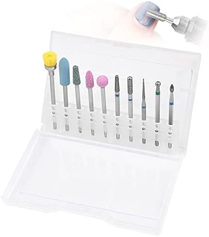 10 Pcs Nail Drill Bits Set W/Protective Holder Case Replacement, Beauties Factory Nail Filing Drill Bits for Electric Nail Drill Machine Brush File Tool Metal Pointed Manicure Pedicure image number 3