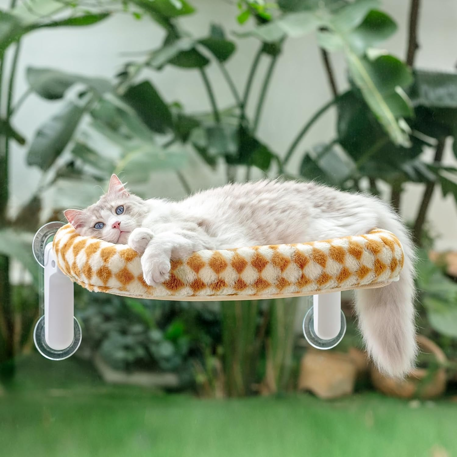 Sunhoo Cat Window Perch Bed Foldable Kitty Windowsill Hammock Shelf Seat Large Cats Suction Cup Indoor Kitten Window Sill Lounger with Soft Plush Cushion Machine Washable 21.26 * 11.8In (White, M)