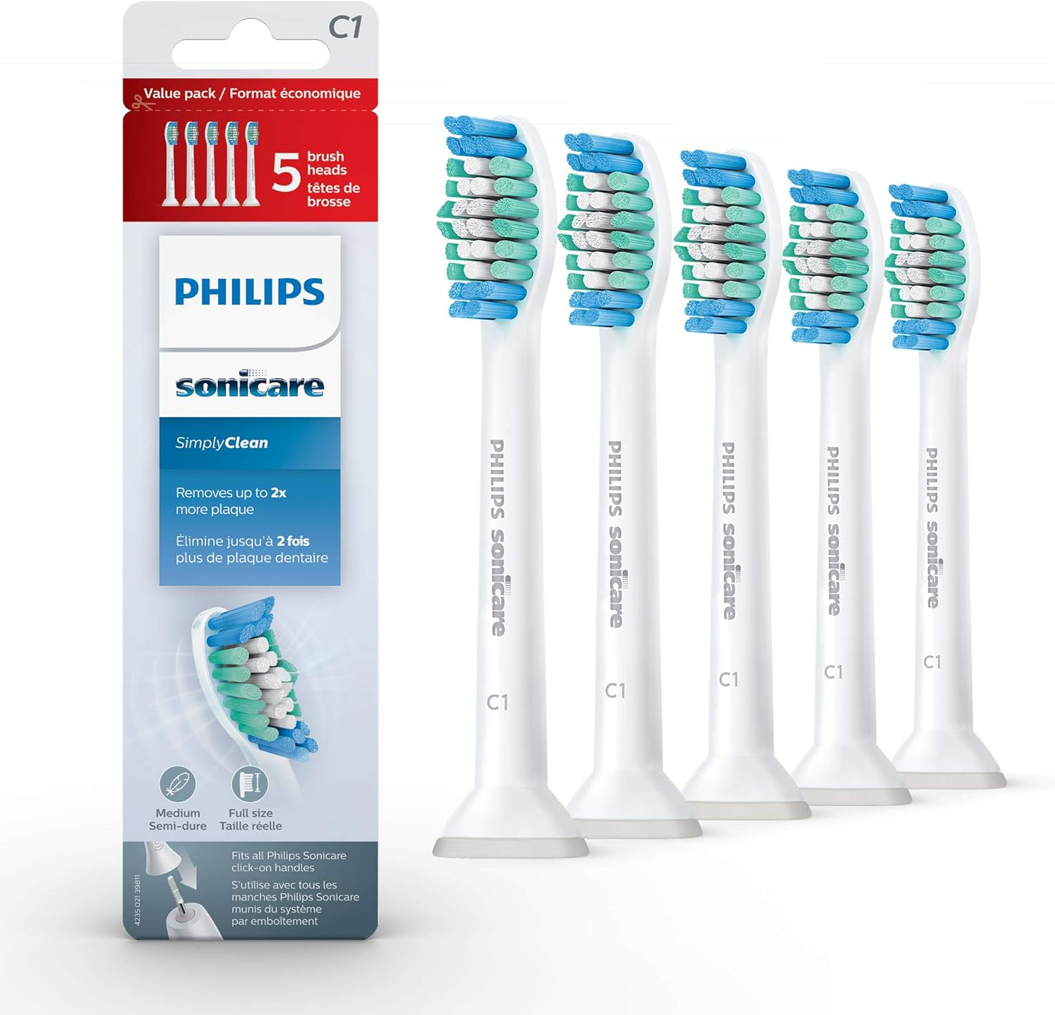 Philips Sonicare Simply Clean Replacement Toothbrush Heads, HX6015/03, 5-Count image number 1