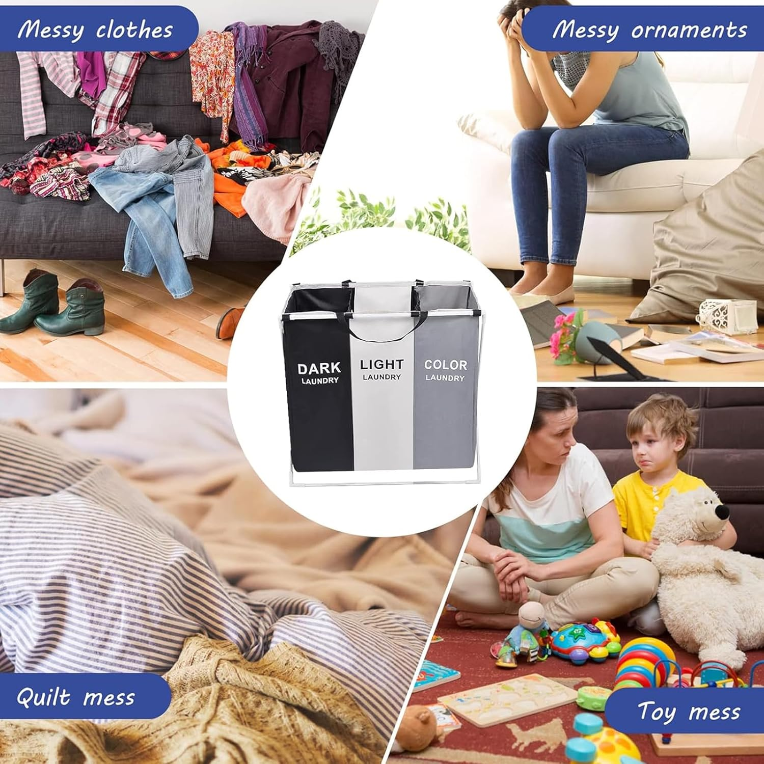 Hapurs Laundry Basket, 135L Laundry Hamper, Collapsible X-Frame, Clothes Organiser, Foldable and Washable Large Washing Basket with 3 Compartment for Bedroom, Bathroom or Utility Room Storage image number 5