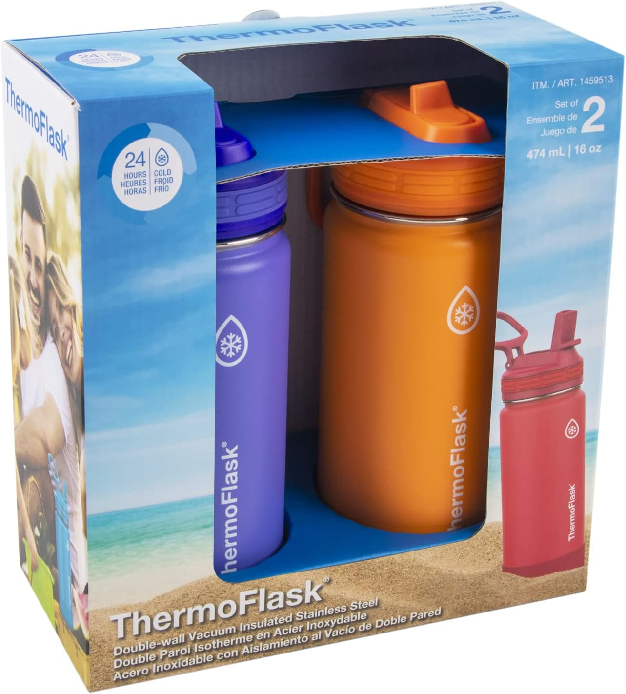 Thermoflask Double Wall Vacuum Insulated Stainless Steel 2-Pack of Water Bottles, 16 Ounce, Purple/Orange image number 1