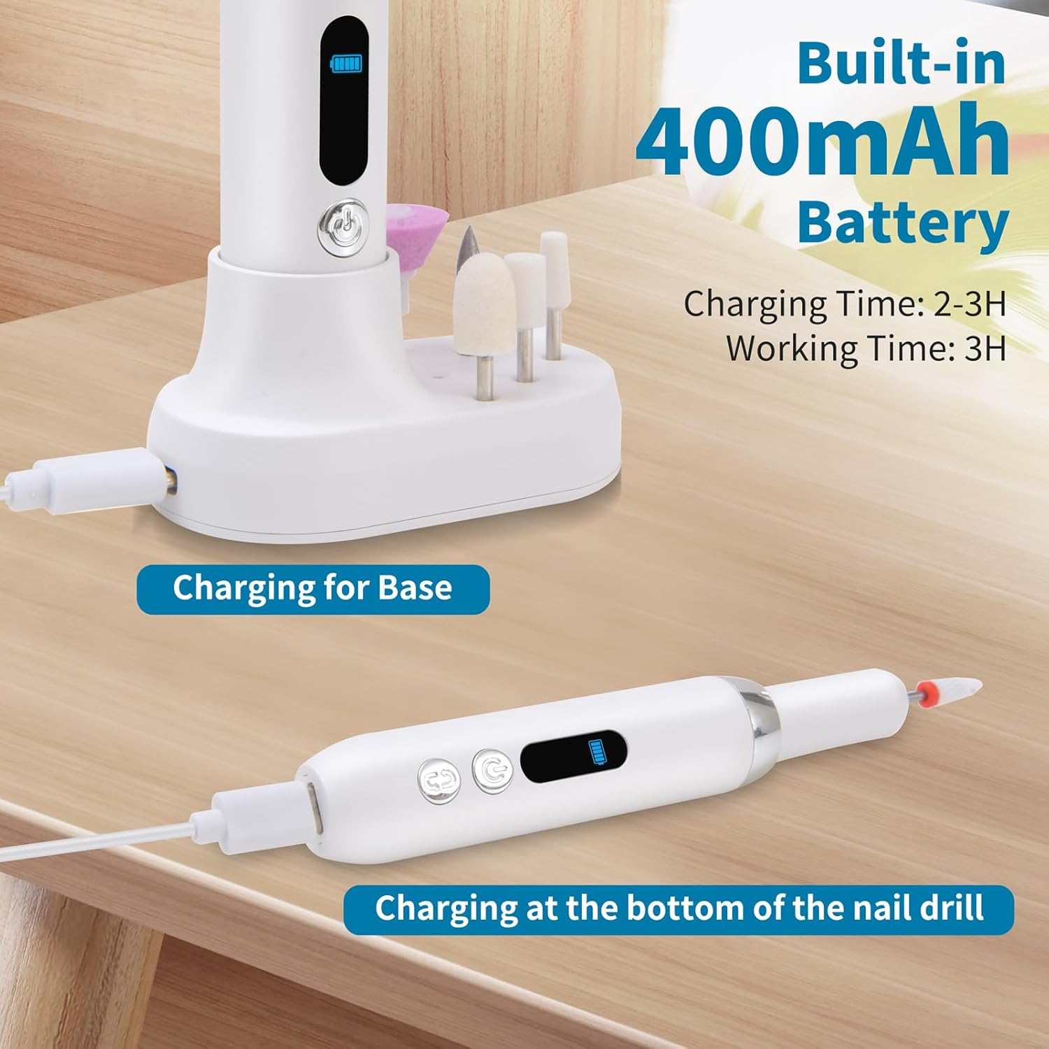 Electric Nail Drill: 12 in 1 Professional Nail Drill for Acrylic Nails Gel 3 Speeds E File Cordless Electric Nail Files with Base and Sanding Bands Efile Manicure Pedicure for Beginner Girl Women Mum image number 6