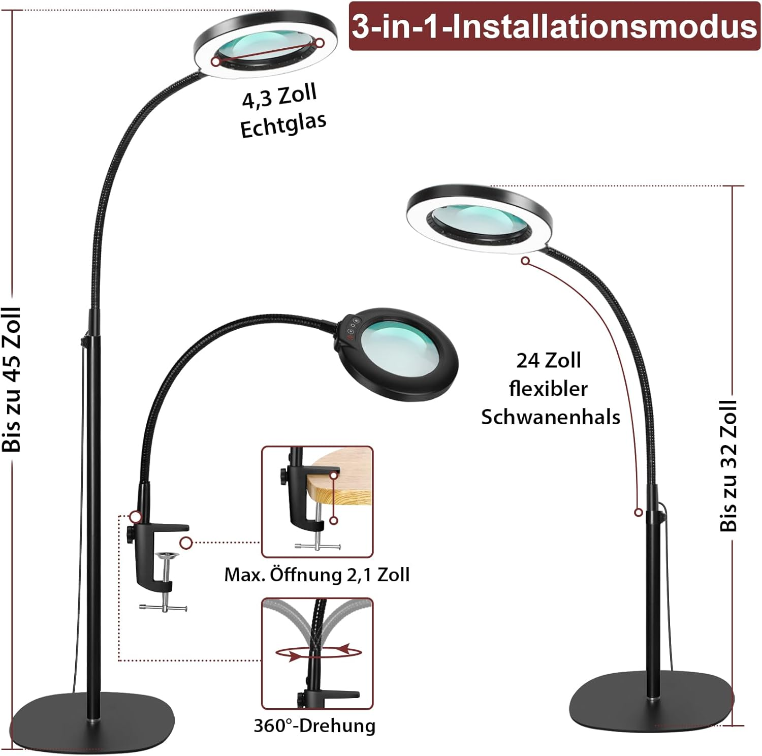 Veemagni 10X Floor Lamp with Magnifying Glass, 3 in 1 LED Magnifying Lamp, Flexible 24 Inch Gooseneck Floor Lamp, 5 Colour Modes Continuous Dimming, Floor Lamp on Stand for Reading Painting image number 3