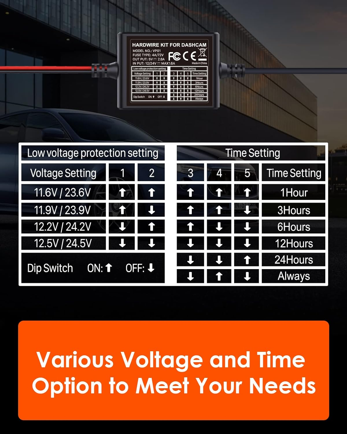 Vantrue 3-Lead Acc Hardwire Kit for Dash Cam, 5 Low Voltage Protection Options with Shifting Gear for Parking Mode, 14.8Ft Type C USB 12V-24V to 5V with Fuse Holders for N4P,N5S, N4 PRO S,E1P, E2,E360 image number 4