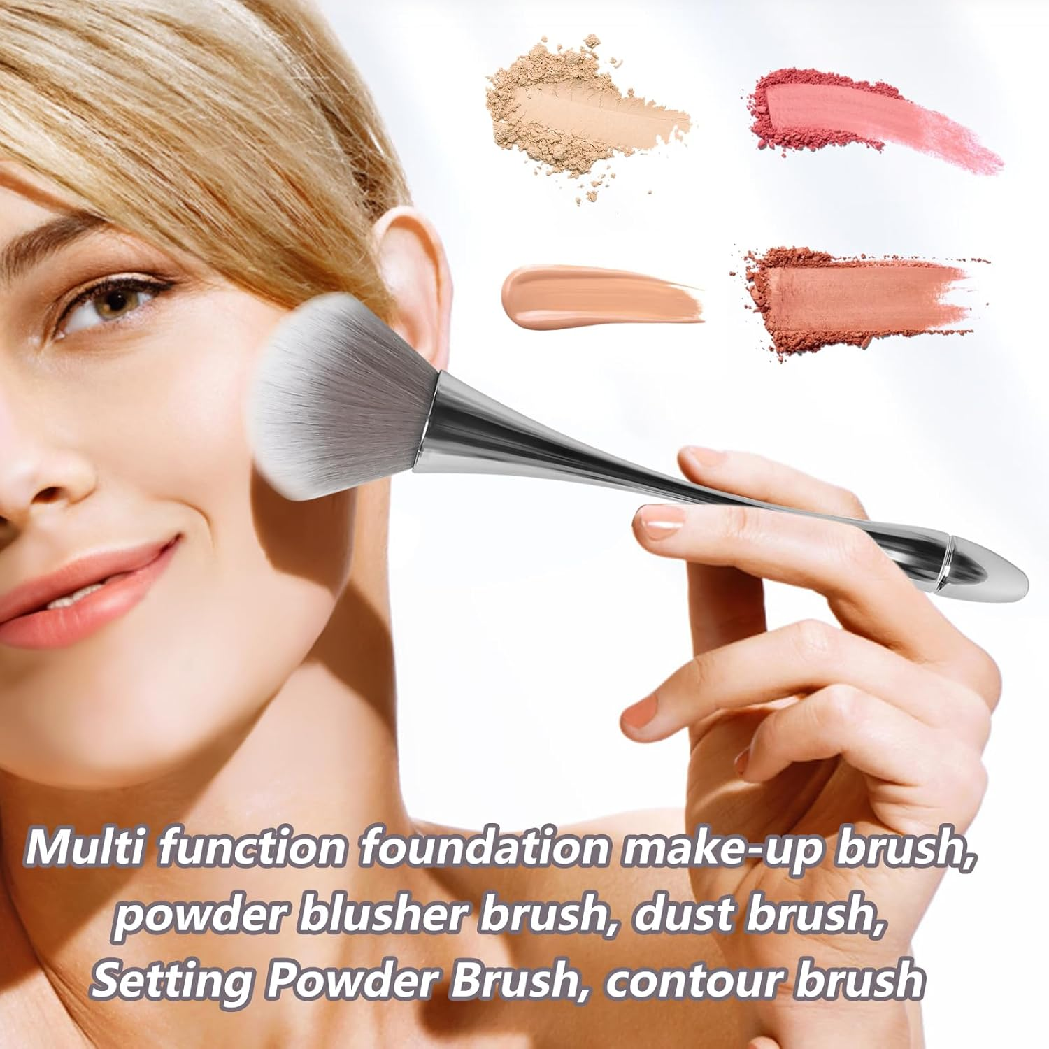 Large Powder Makeup Brush with Plush Fibers for Loose or Pressed Setting Powder, Blush, Bronzer in Blue with PVC Bow Box - Blue image number 5