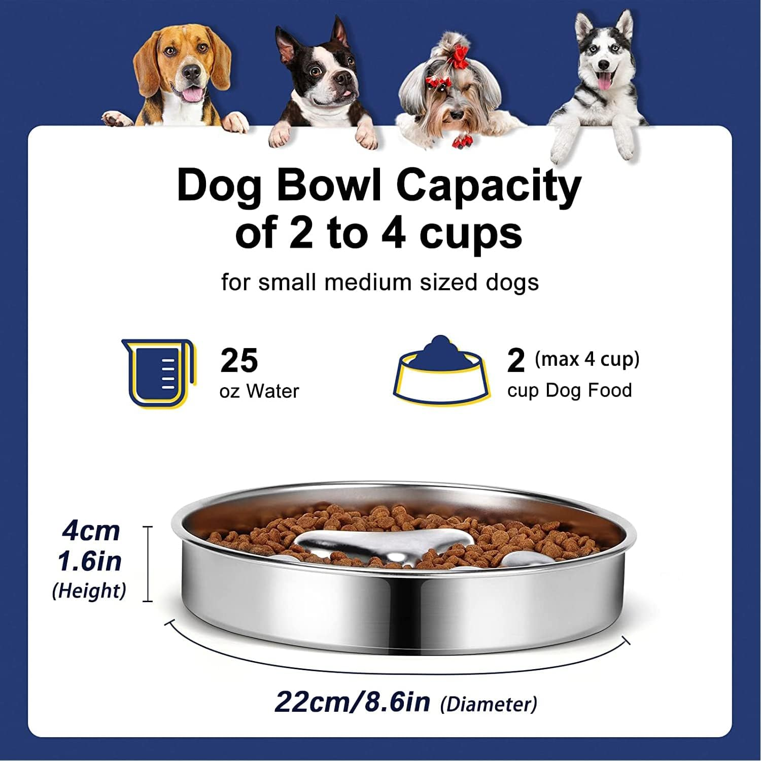 KUOHAI Slow Feeder Dog Bowls 304 Stainless Steel, 2 Cups Metal Dog Food Bowls, Dog Water Bowl for Small & Medium Sized Dogs, Fun Bloat Stop Pet Bowl for Fast Eaters image number 2