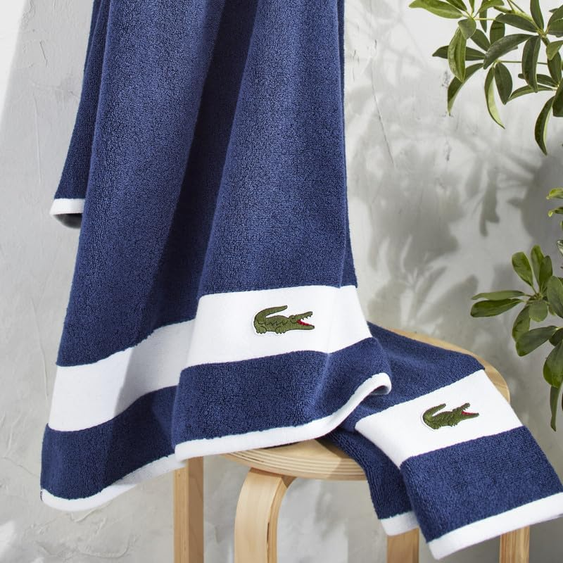 Lacoste Sport Stripe 6-Piece Luxury Cotton Towel Set &ndash; Made with 100% Soft Supima Cotton, Absorbent & Quick-Drying, Includes 2 Bath Towels, 2 Hand Towels, 2 Washcloths, Navy - Green image number 5