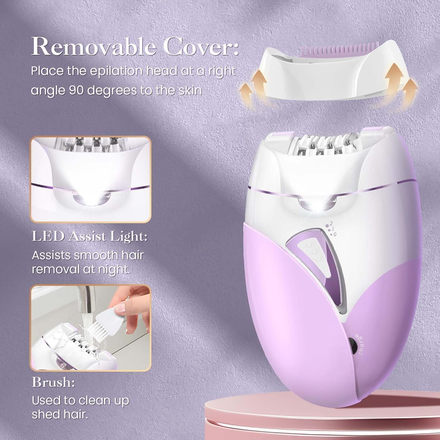 Epilator for Women,Painless Hair Removal Device,Electric Rechargeable Shaver,Hair Removal Device,Facial Hair Remover for Womenlong-Lasting Smooth Skin，Electric Hair Remover for Face Legs Arms Armpit Bikini（Purple）