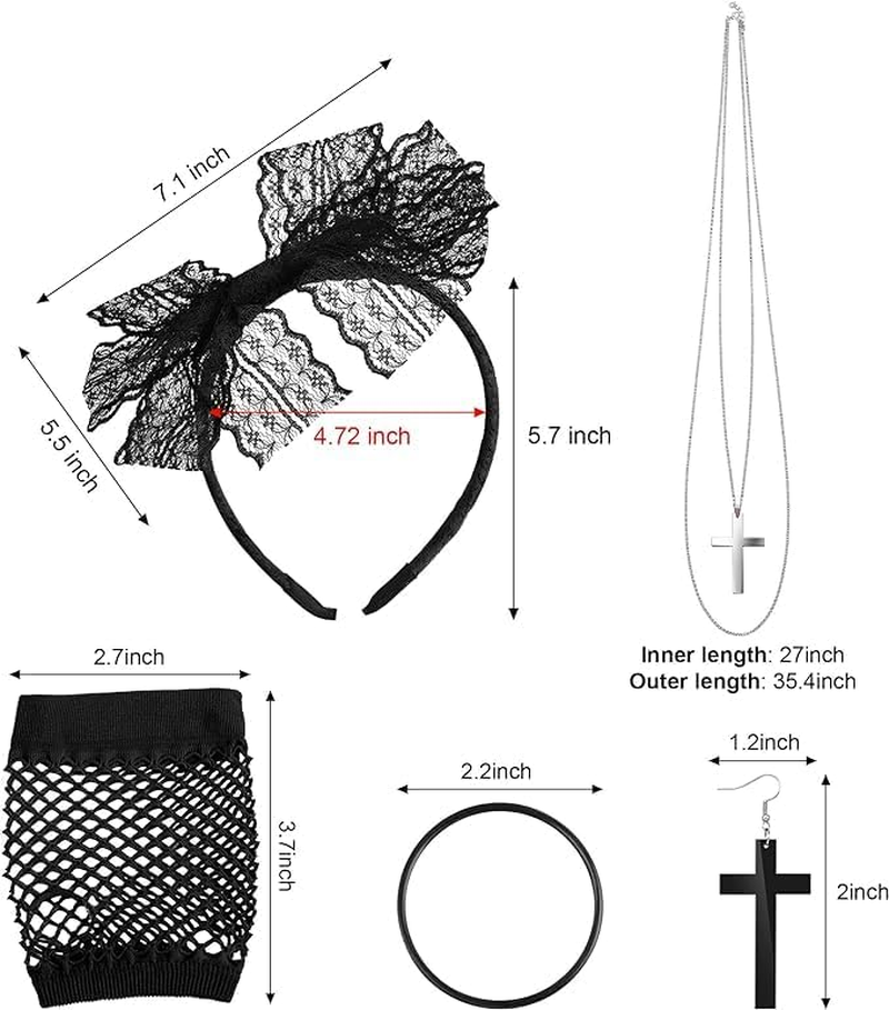 80S Accessories for Women Fancy Dress Costume Lace Headband Earrings Fishnet Gloves Necklace Bracelet for Neon Fancy Party, Black, Standard image number 4