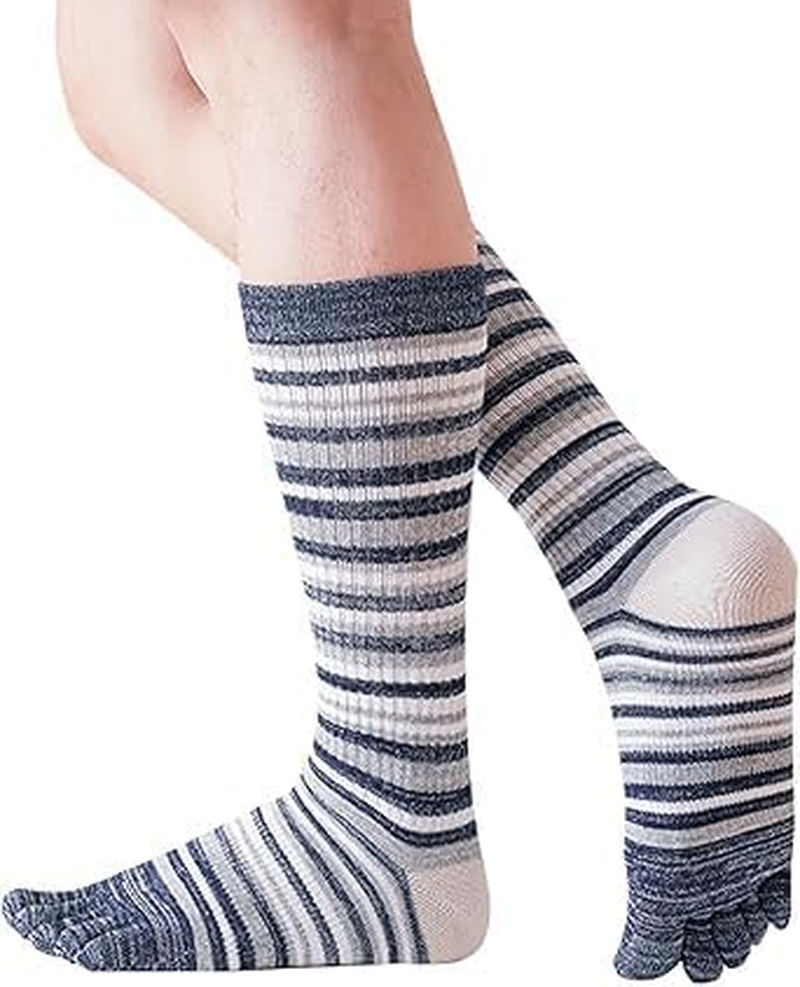 Cotton Toe Socks Five Finger Socks Long Thickened Calf High Athletic Running Rainbow Striped Socks for Men Boys, Stripes Grey image number 2