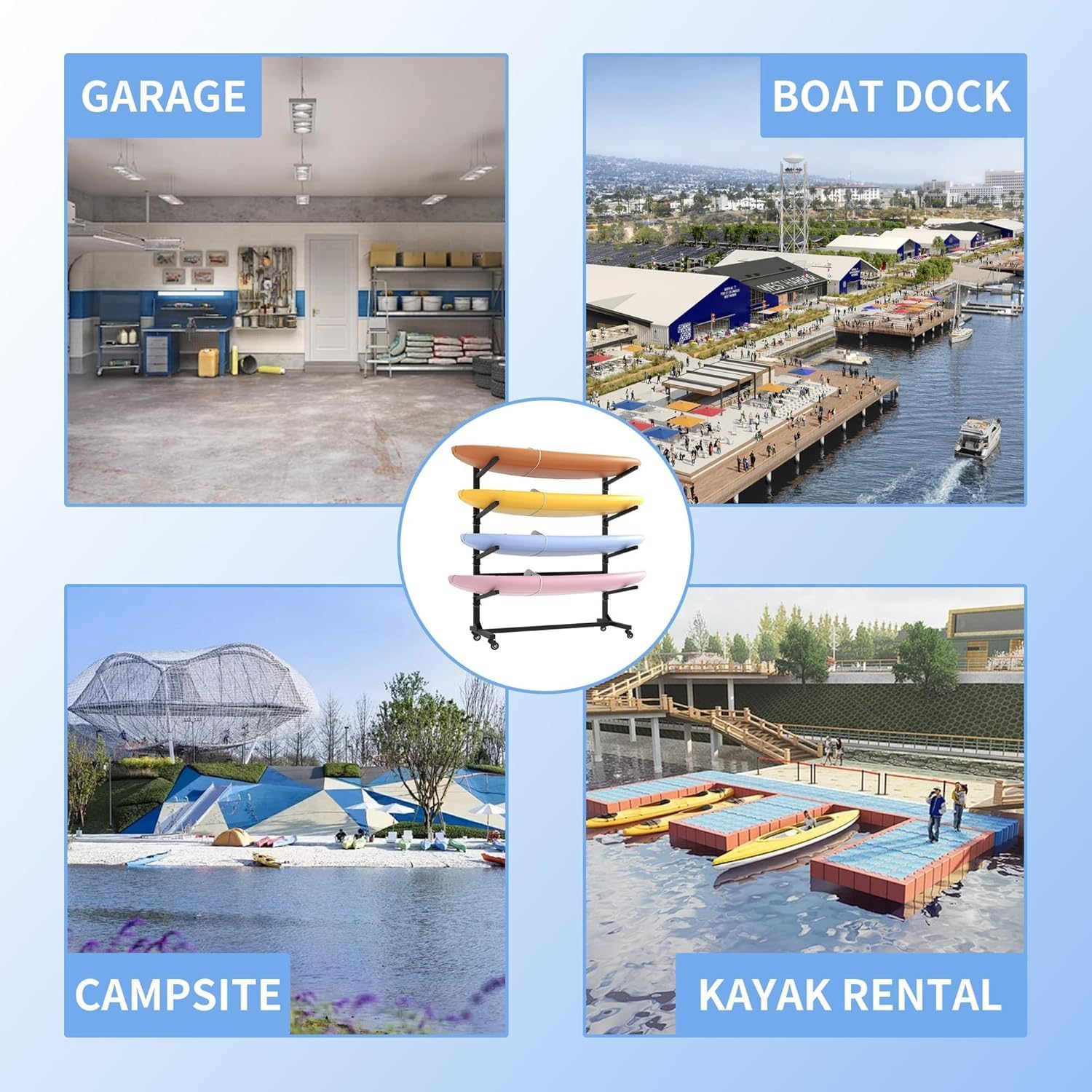 Kayak Storage Rack, Heavy Duty Kayak Stand Canoe Rack with Wheels, Freestanding Kayak Holder Stand for Kayaks, Canoes, Surfboard, Paddleboard Storage (4 Tier) image number 3