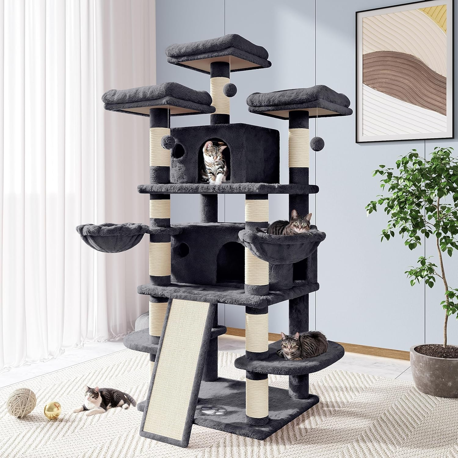 Allewie 68 Inches Cat Tree/House and Towers for Big Feline/Scratching Post/Multi-Level Large Kitty Climbing Tree with Condo/Smokey Grey - Beige image number 5