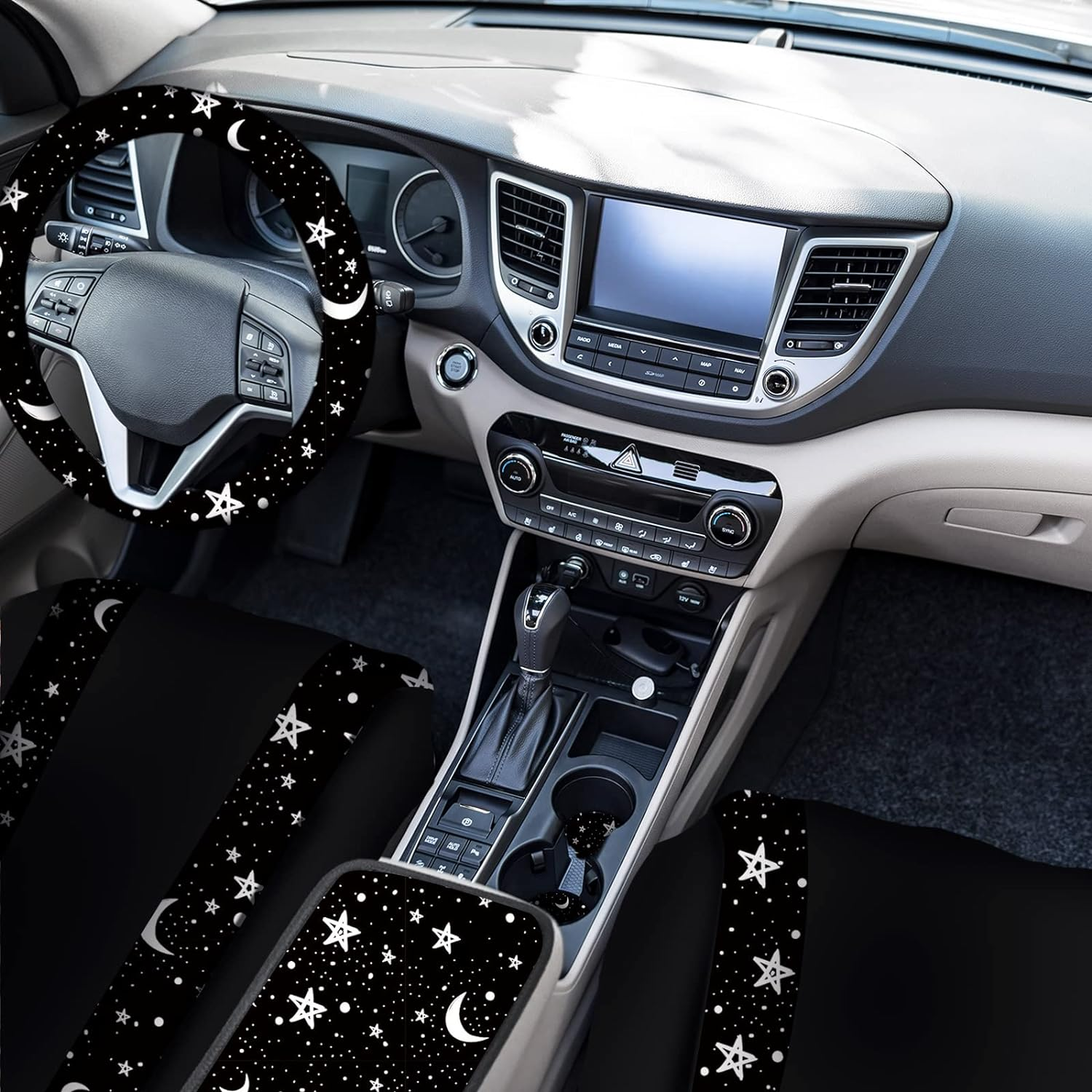 Yexiya 15 Pcs Moon and Star Car Seat Covers Print Car Accessories Full Set for Women Men Set Steering Wheel Cover Armrest Pad Seat Belt Pads Wrist Keychain Auto Interior Decor(Moon, Star)