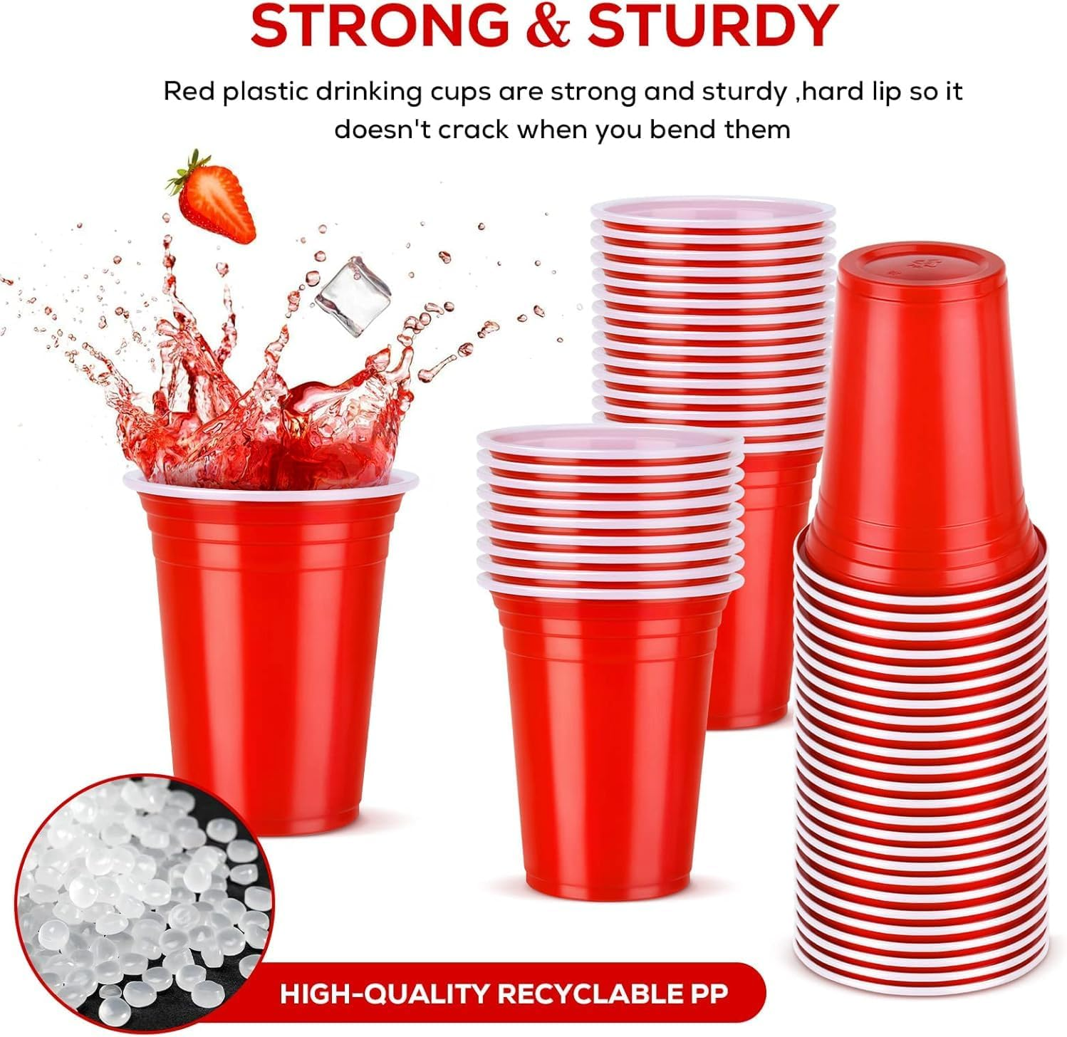 Enginer 150 Pcs Party Plastic Red Cups - 12Oz Reusable Red Plastic Cups Water Cup Milk Coffee Tea Cola Cup for Camping Christmas Birthday Wedding Festival Children Party image number 1