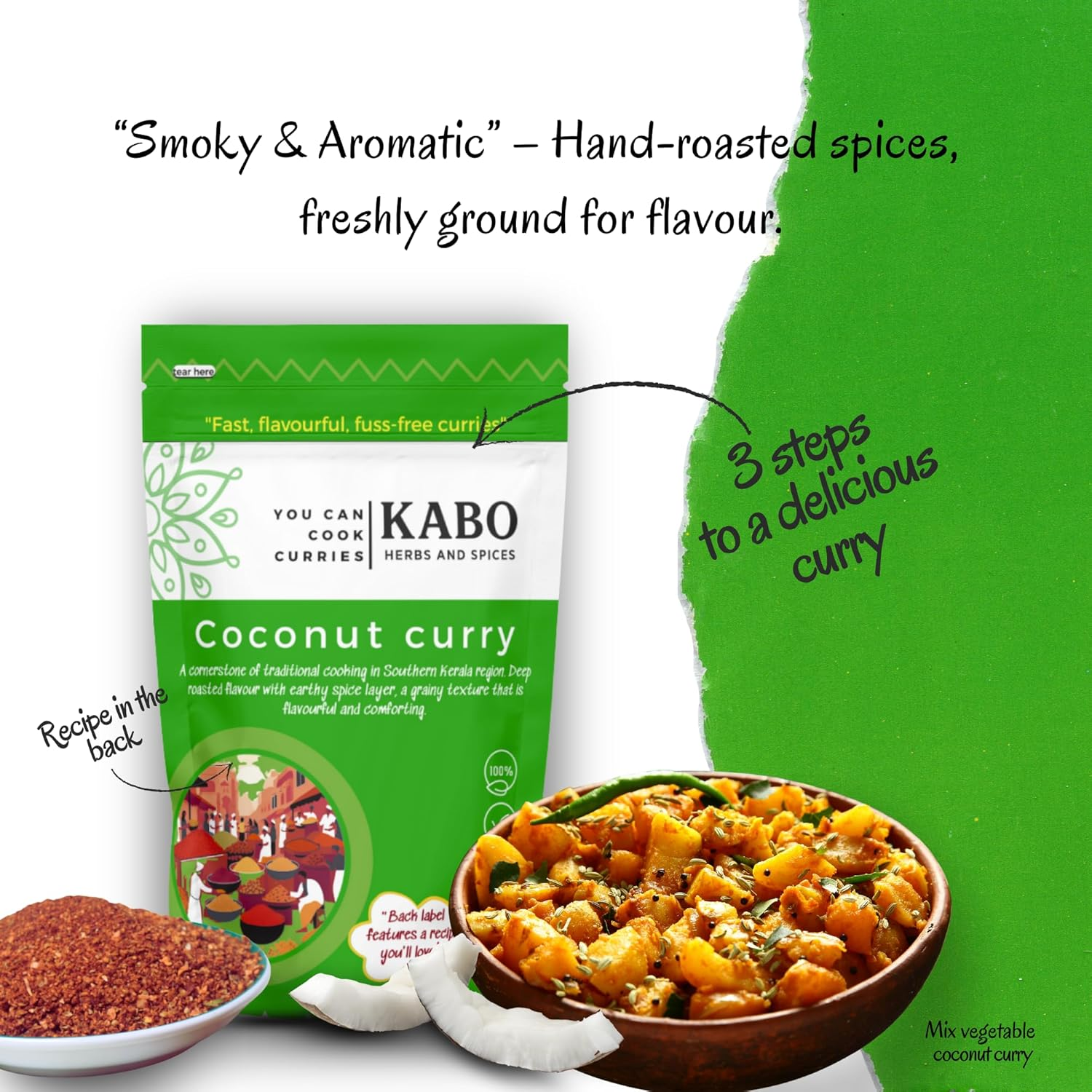 KABO Coconut Curry Masala 100G (3.52Oz) &ndash; Authentic South Indian Spice Blend with Slow-Roasted Coconut | Complete Mix, No Onion or Tomato Prep Needed for Chicken, Prawn, Lamb, Eggplant & Veg 100% Natural, Vegan, No Additives, Ziplock Pouch