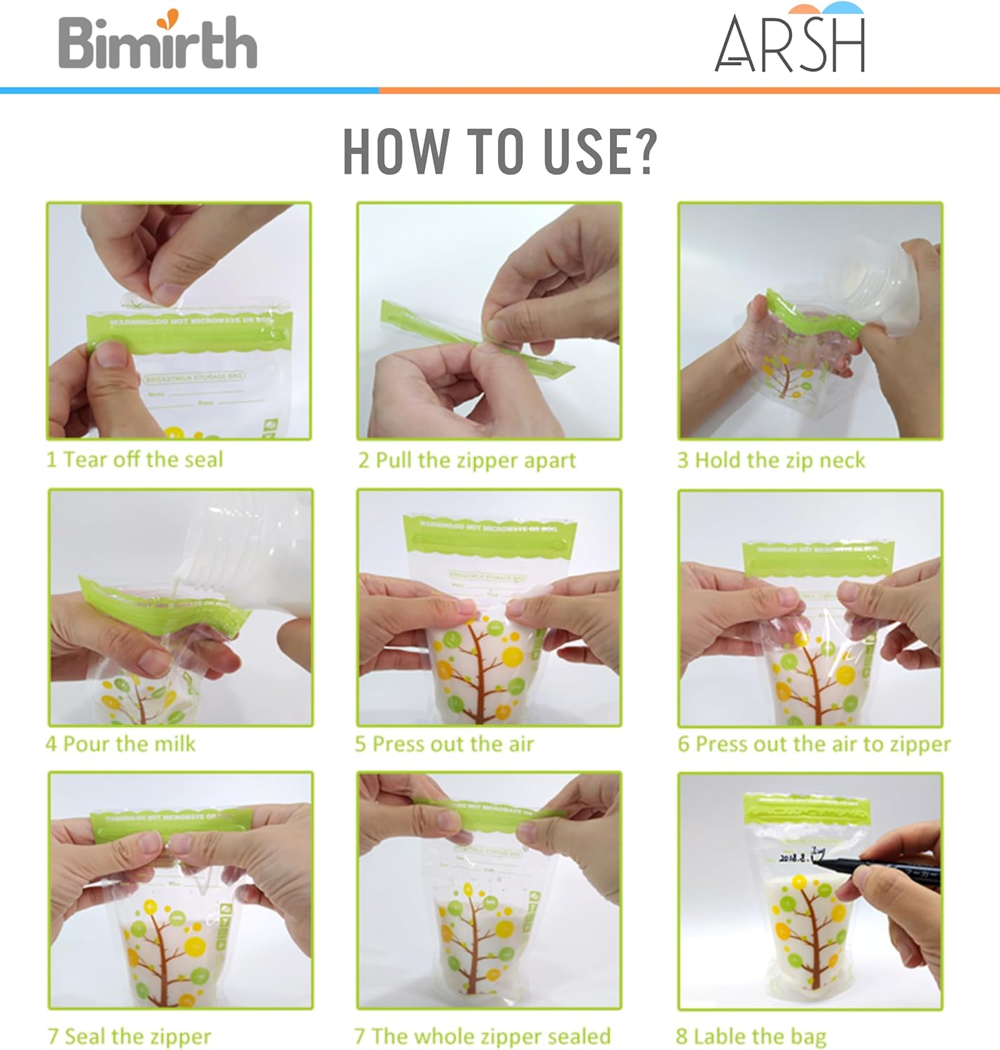 ARSH Breastmilk Storage Bags (112 Bags - 200 Ml) Freezer Safe Transparent Breast Milk Storage Bag with Double Zipper Self Standing, Leak Proof, Presealed