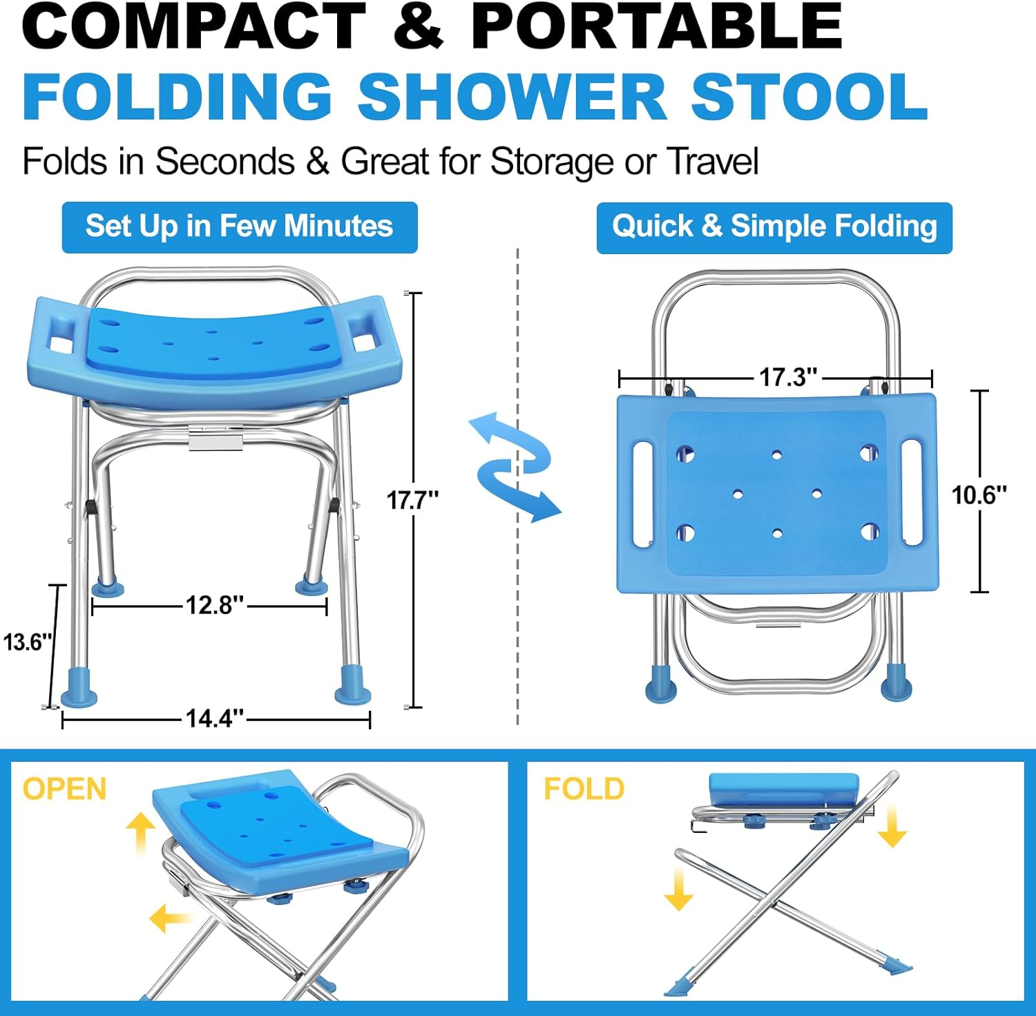 Medhelp Upgraded Folding Shower Chair, Stainless Steel Foldable Shower Seat for inside Bathtub, Lightweight & Portable Travel Shower Stool, Anti-Slip Feet Bath Chairfor Elderly, Disabled, Injured image number 3