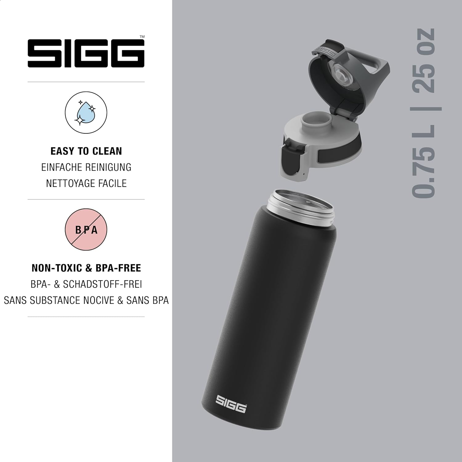 SIGG - Stainless Steel Water Bottle - Shield ONE Black - Suitable for Carbonated Beverages - Leakproof - Lightweight - BPA Free - Black - 0.75 L image number 2