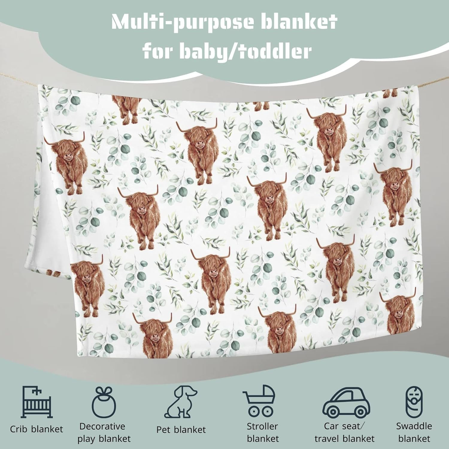 Hawskgfub Baby Toddler Boy Girl Highland Cow Eucalyptus Leaves Neutral Blanket Gift, Nursery Farm Animal Flannel Fleece Swaddling Blankets, Western Yak Soft Newborn Baby Shower Kids Crib Bedding 30X40 image number 3