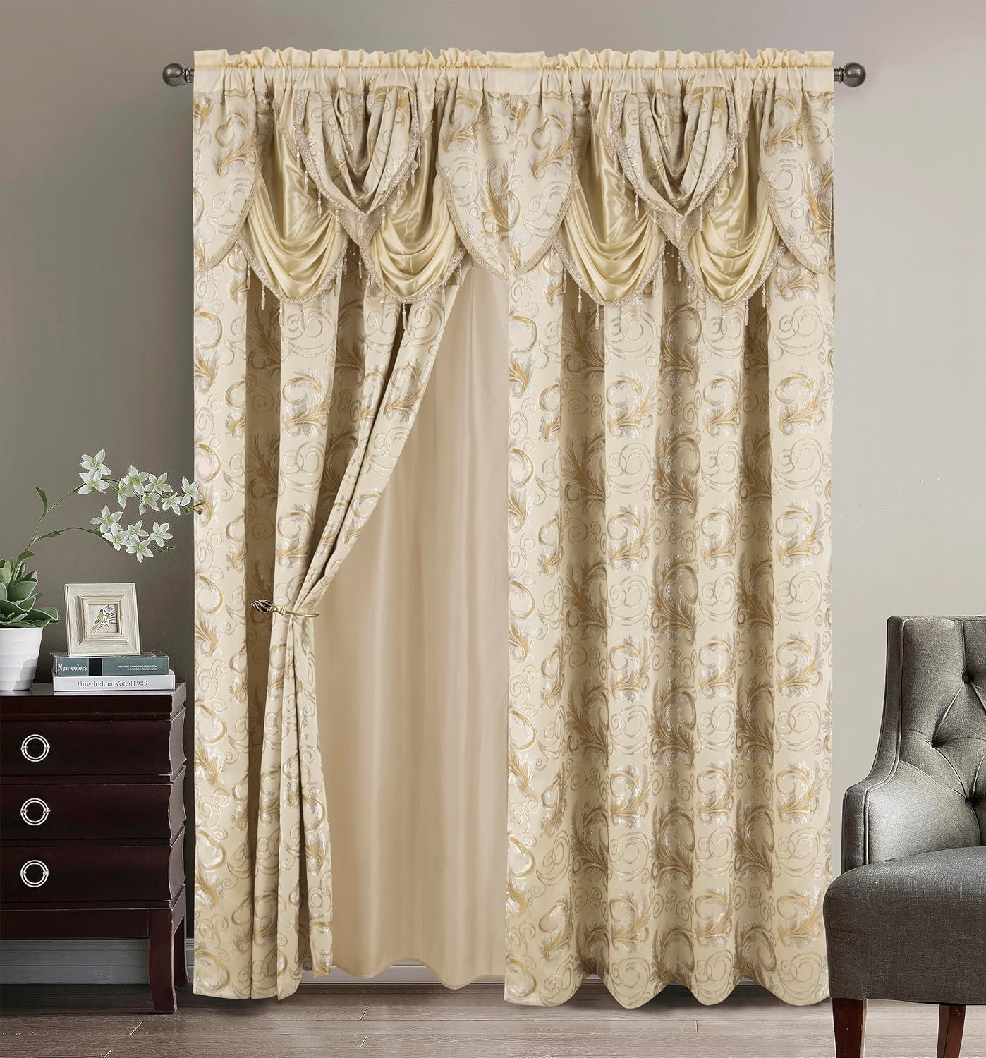 Golden Linen Jana Collection 2Pc Curtain Set with Attached Valance and Backing 55"X84" Each, Polyester & Polyester Blend, Taupe, 2 Panels of 55" X 84" Each