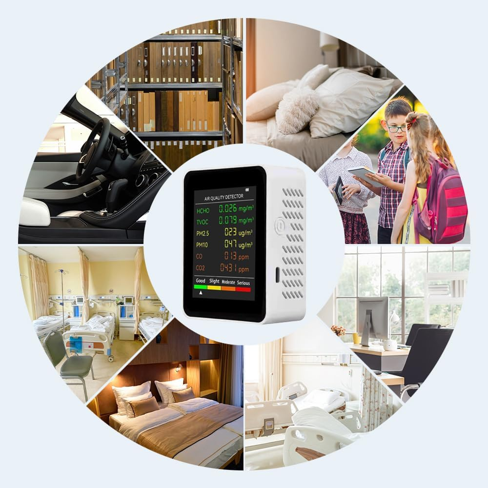 Air Quality Monitor Indoor, 6 in 1 Air Quality Tester, Air Quality Meters for CO2 HCHO AQI PM2.5 Temperature Humidity, Air Quality Detector for Greenhouse Production Warehouse Wine Cellars Home image number 3