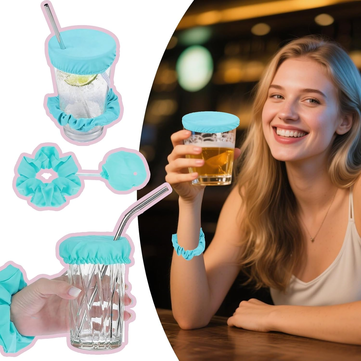 Pack of 3 Scrunchie Hair Bands, Drink Cover, Anti-Drug Glass Protection, Anti-Spill for Parties and Festivals, Safe, Prevents Mixing of Unidentified Drinks image number 3