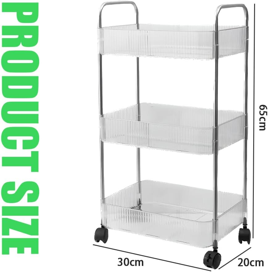 3-Tier Acrylic Storage Rolling Cart, Clear Bathroom Organiser Trolley, Snack Rolling Shelf with Wheels, Movable Storage Organizer for Office Bathroom Kitchen image number 4