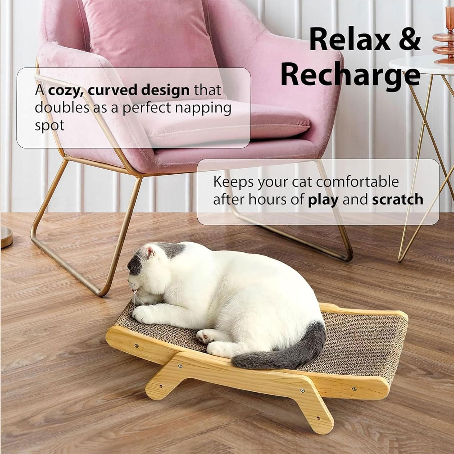 Cat Scratching Board, Multi-Position Cardboard Cat Scratcher Lounger. Natural Wood & Cardboard Scratch Bed. Large Cat Scratching Post for Kitten, Adult Cats Enrichment & Scratch Furniture Protector image number 1