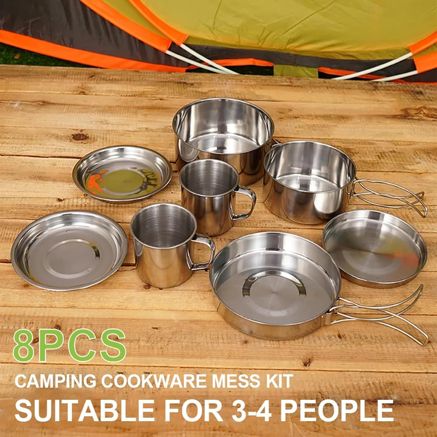 8Pcs Stainless Steel Camping Cookware Set, Camping Cooking Equipment, 2-3 People, Compact, Easy to Carry, Complete Set, Healthy & Safe image number 6