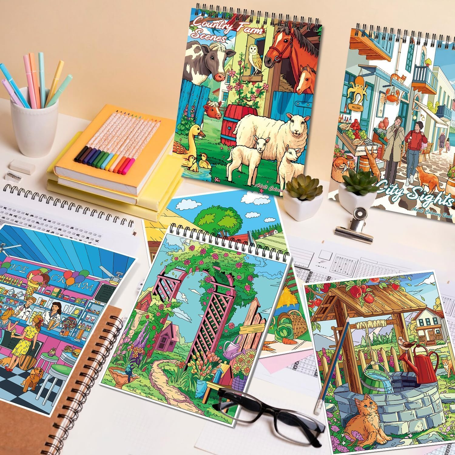 OSIMIG Adult Colouring Books Set, 3 Themes for Country Gardens, Country Scenes Farm & City Sights, Colouring Books for Adults to Relax and Relieve Anxiety, 60 Patterns Top Spiral Bound image number 4