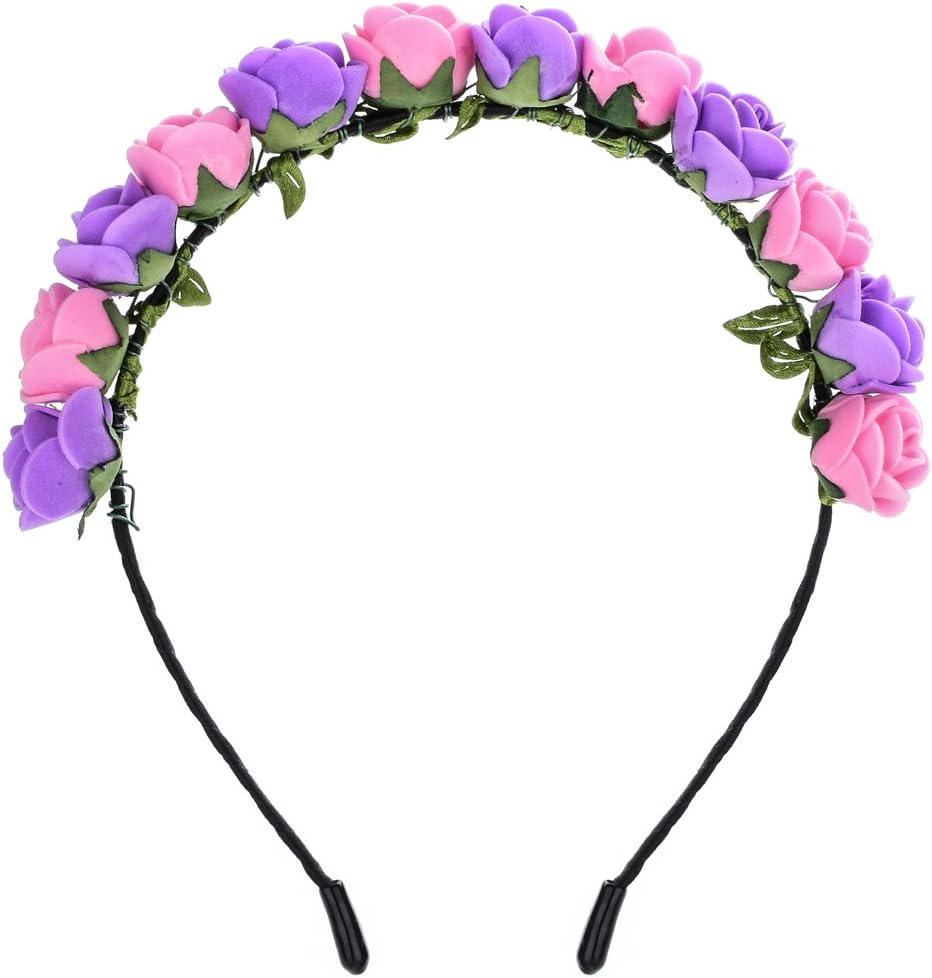 Love Sweety Boho Floral Crown Rose Flower Headband Hair Wreath - Dark Red image number 1