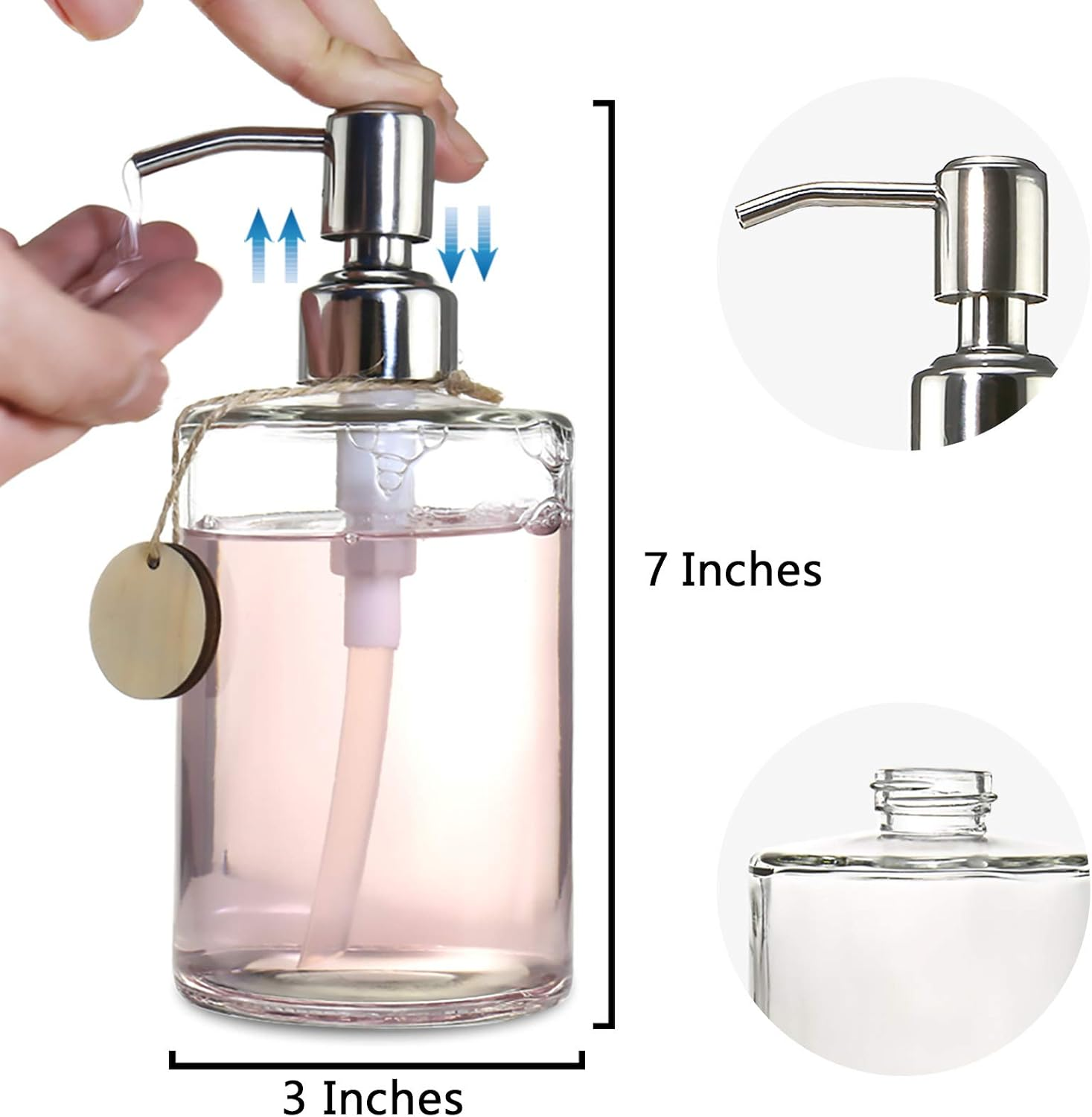 JASAI 16OZ Cylinder Glass Soap Dispenser with Rust Proof Stainless Steel Pump, Refillable Bathroom Soap Dispenser for Hand Soap, Dish Soap, Liquid Soaps and Kitchen (Clear)