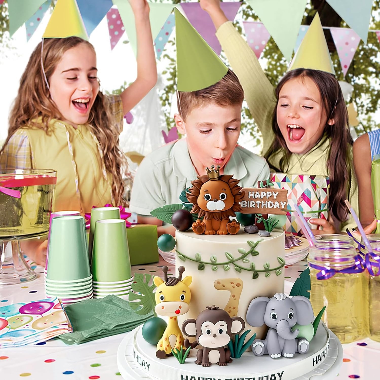 19Pcs Safari Animal Cake Topper - Jungle Wild Cake Decorations with Leaves Balls for Animals Themed Birthday Boy Girl Baby Shower Party (Animal Style) image number 1