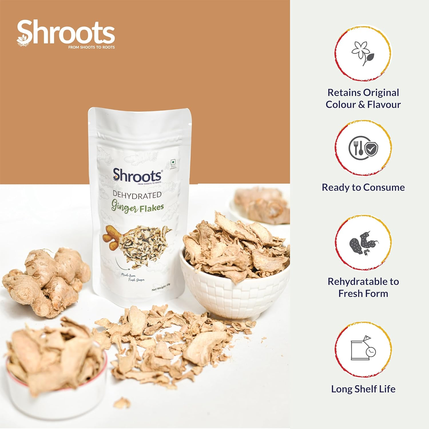 SHROOTS Dehydrated Ginger Flakes Dried Ginger Slices (Zingiber Officinale Roscoe) Traditional Indian Sonth/Sooth Supports Immunity & Metabolism Herbal Use for Tea, Spices & Soups - 1.59 Oz (Pack of 1) image number 5