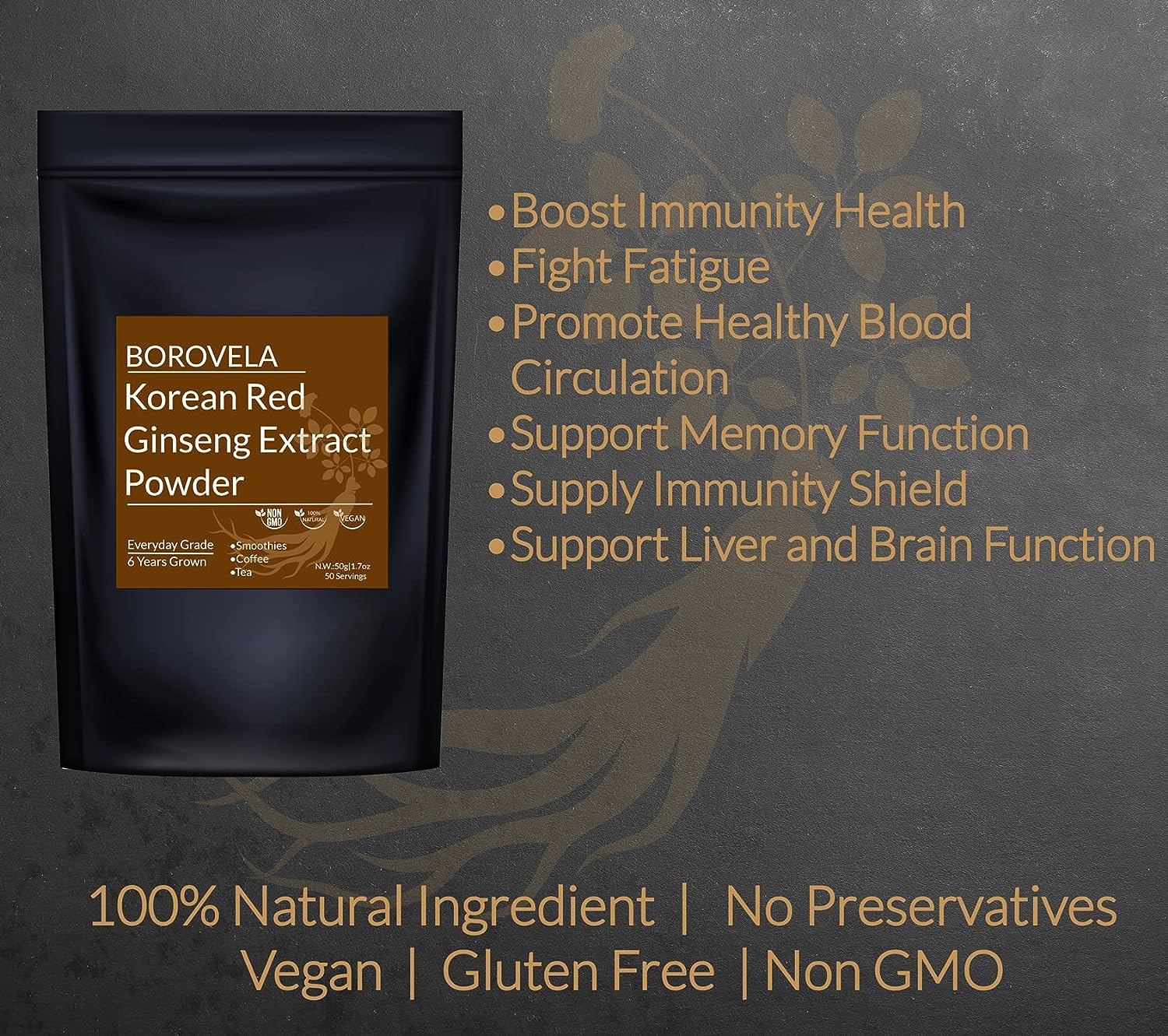 Korean Red Ginseng Extract Powder 100% Natural Authentic Korean Health Power Support Healthy Immune System Energy & Focus Supplements Mix with Coffee Tea Yogurt Soup Smoothies 50 Servings image number 3
