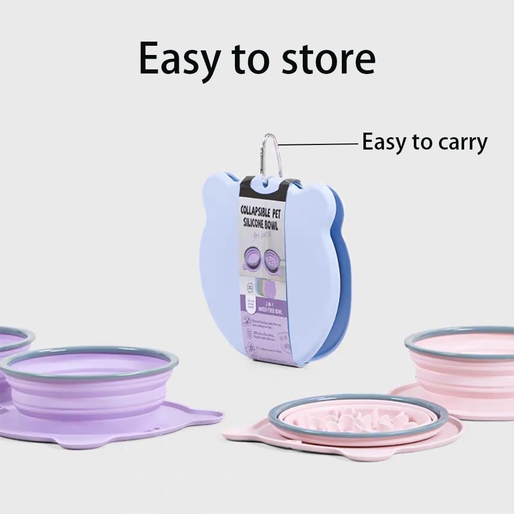 Catchu Silicone Foldable 2 in 1 Pet Bowl, Quality Collapsible Double Slow Feeder Dish, Integrated Molding Expandable Travel Food Water Bowl for Dogs Cats (Purple) image number 1