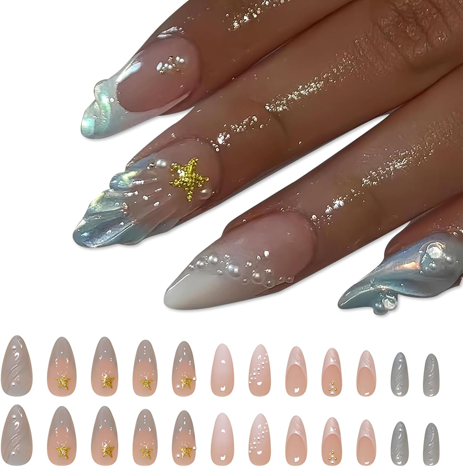Kzvsiy 24 Pcs Full Cover Almond Press-On Nails, Beach Blue & White Ombre with 3D Shell, Star, and Pearl Designs, Medium Stick-On False Nails for Women