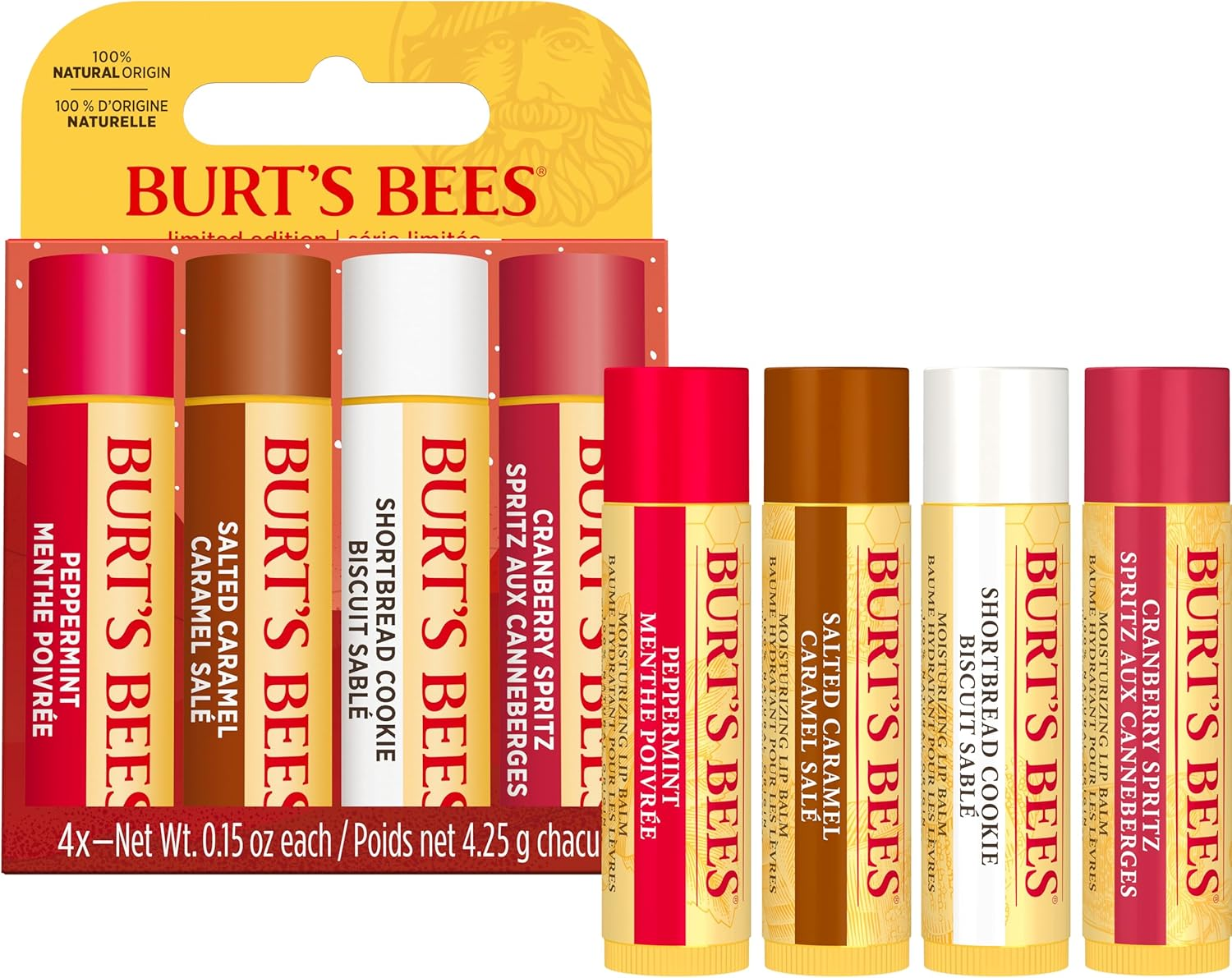 Burt'S Bees Gift Set | Lip Balm Set with Beeswax and Vitamin E | 100% Natural Origin | Shortbread Cookie, Cranberry Spritz, Salt Caramel and Peppermint | 4 X 4.25 G image number 3
