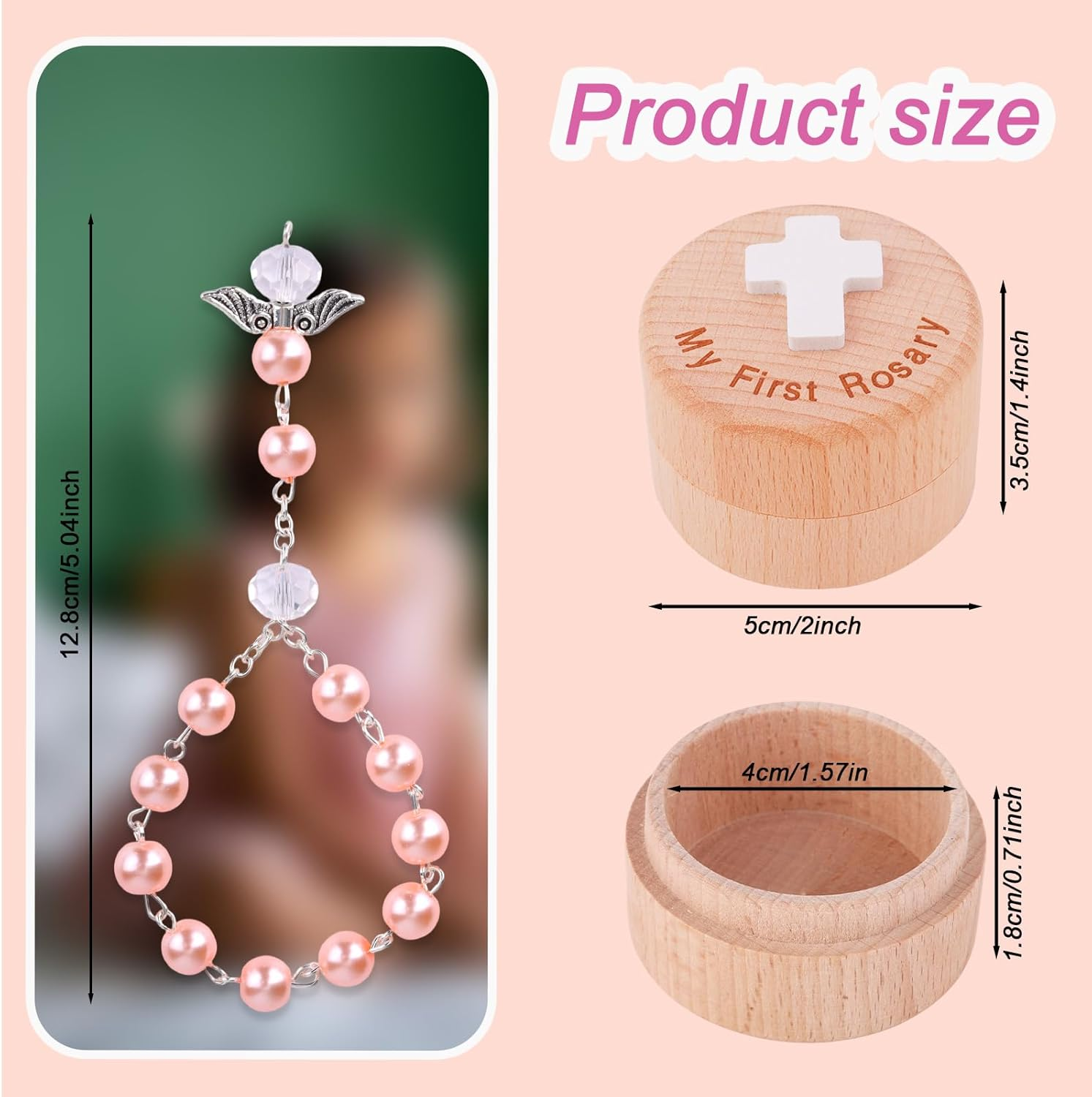 My First Rosary Baptism Gifts, Baptism Memorial Box & Rosary Bracelet with Angel Wings Catholic First Communion Christening Beads Gifting Set for Baby Shower image number 3