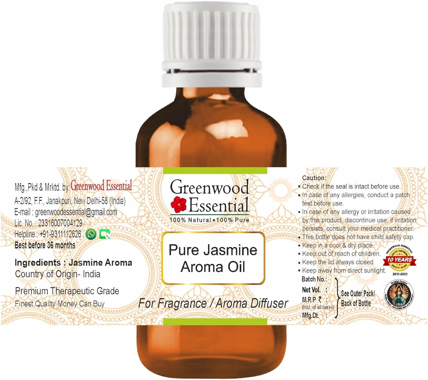 Greenwood Essential Pure Jasmine Aroma Oil (Suitable for Aroma Diffuser) Natural Therapeutic Grade 30Ml (1 Oz)